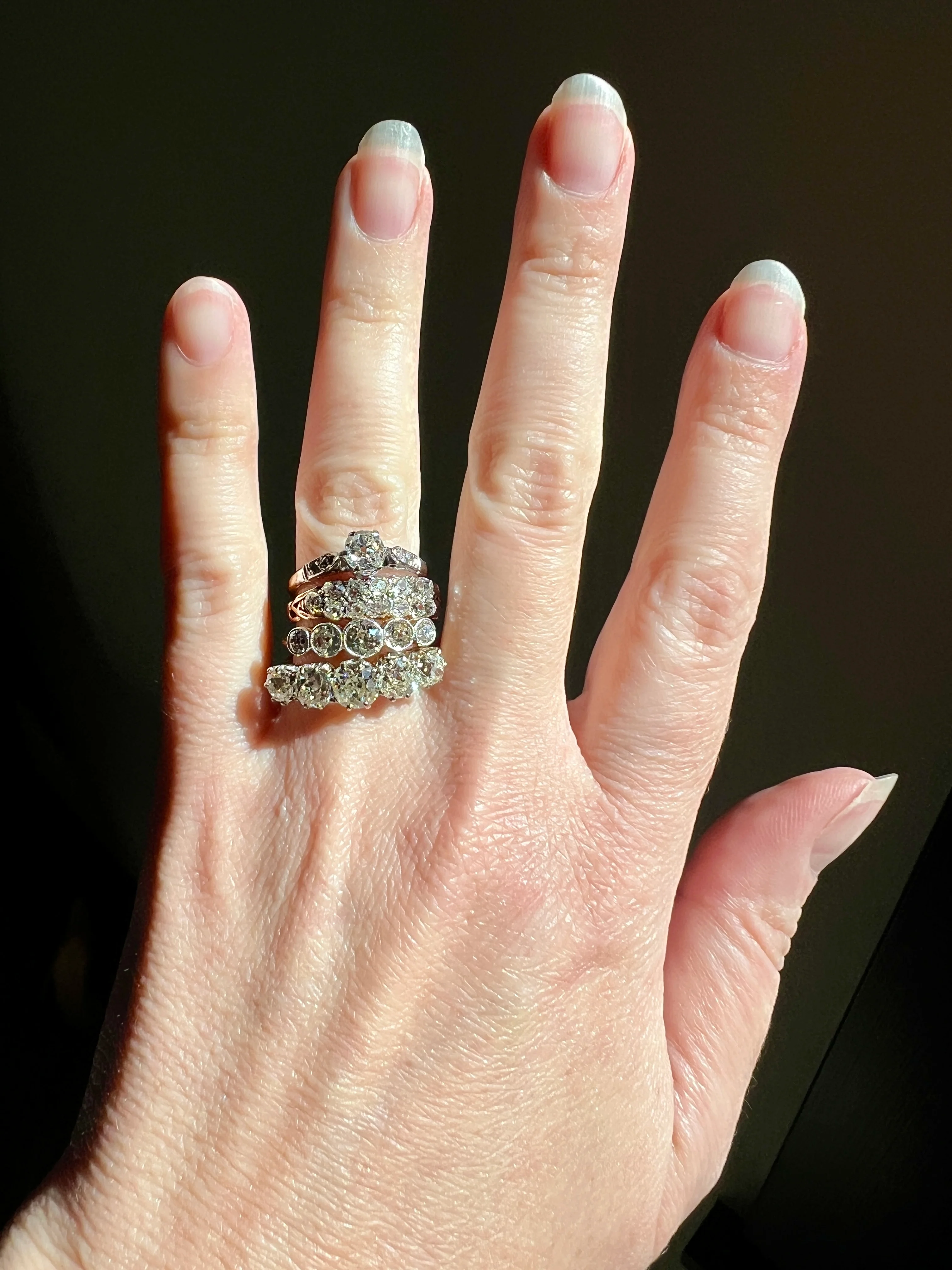 Antique 2.5 Carat Old Mine Cut DIAMOND 18k Gold Five Stone Ring Tall Band Romantic Gift Splayed Stacker - Image 33