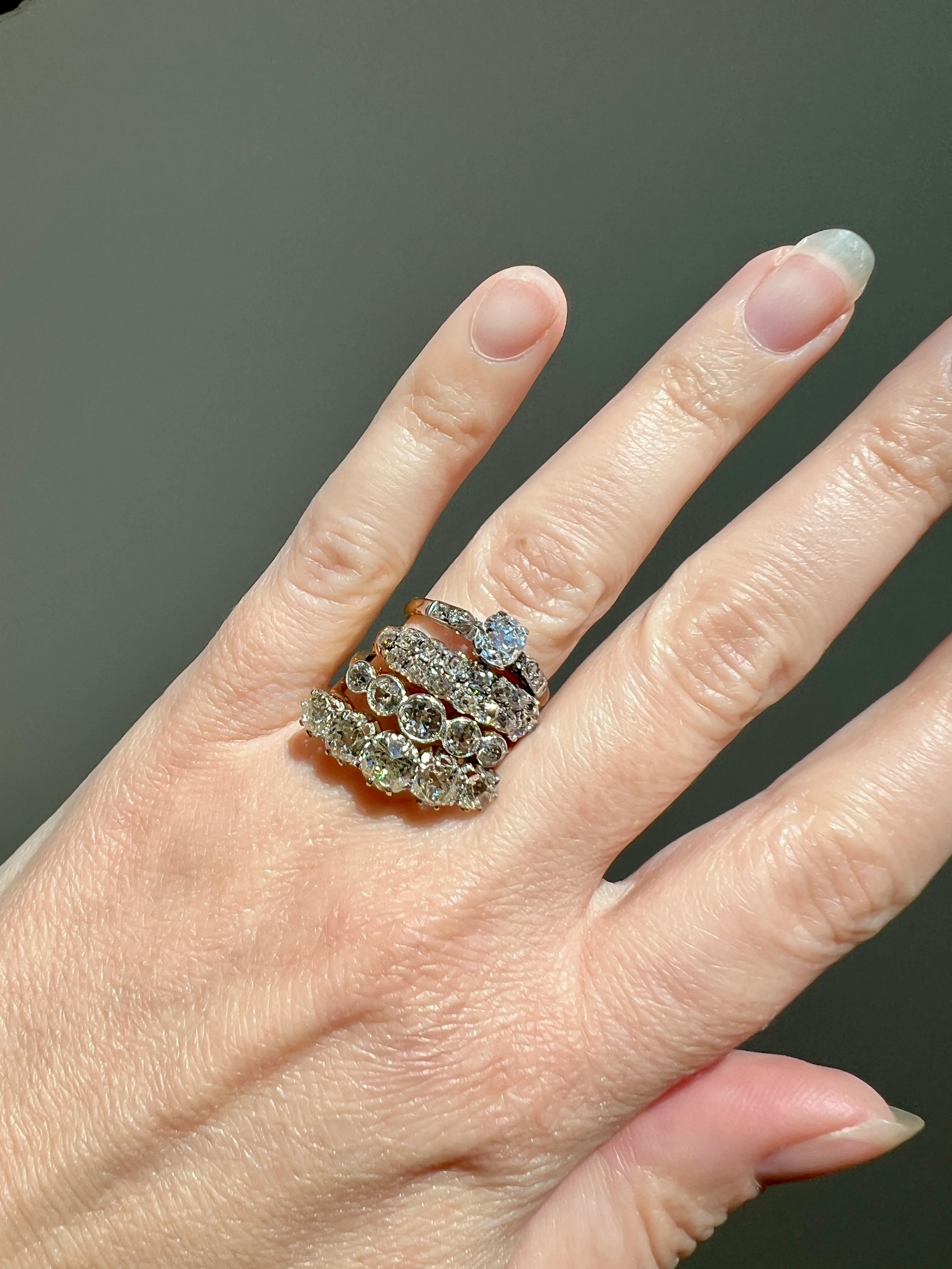 Antique 2.5 Carat Old Mine Cut DIAMOND 18k Gold Five Stone Ring Tall Band Romantic Gift Splayed Stacker - Image 35