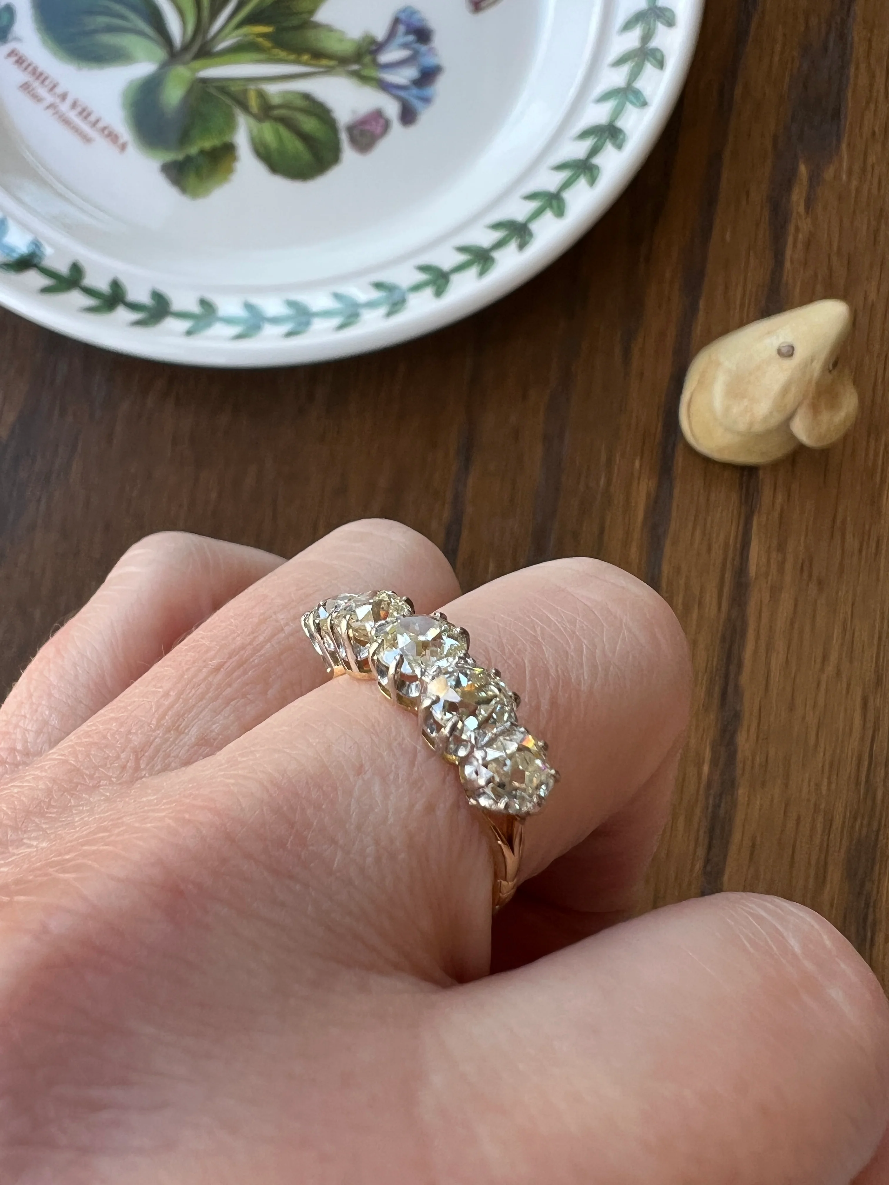 Antique 2.5 Carat Old Mine Cut DIAMOND 18k Gold Five Stone Ring Tall Band Romantic Gift Splayed Stacker - Image 39