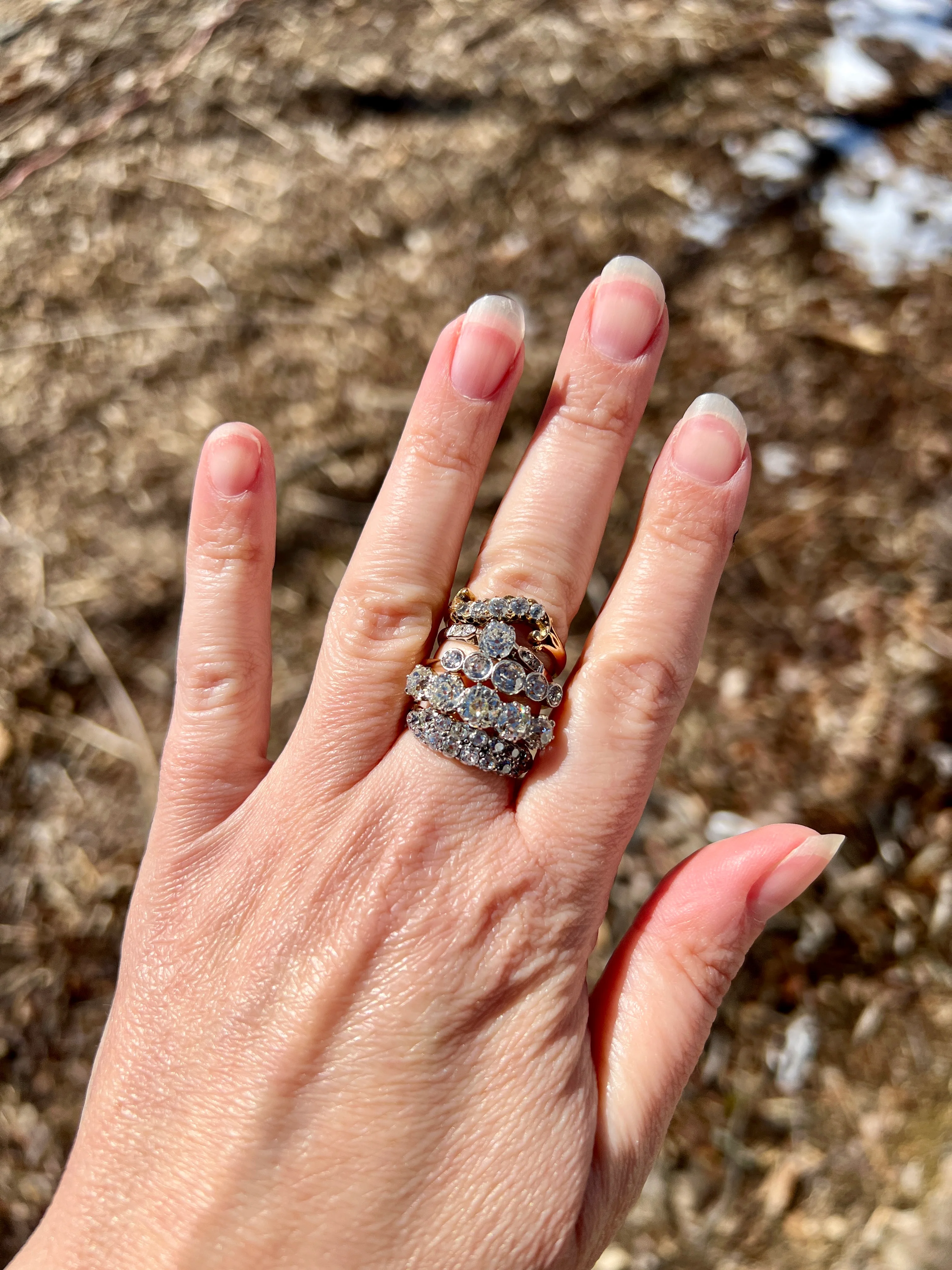 Antique 2.5 Carat Old Mine Cut DIAMOND 18k Gold Five Stone Ring Tall Band Romantic Gift Splayed Stacker - Image 44