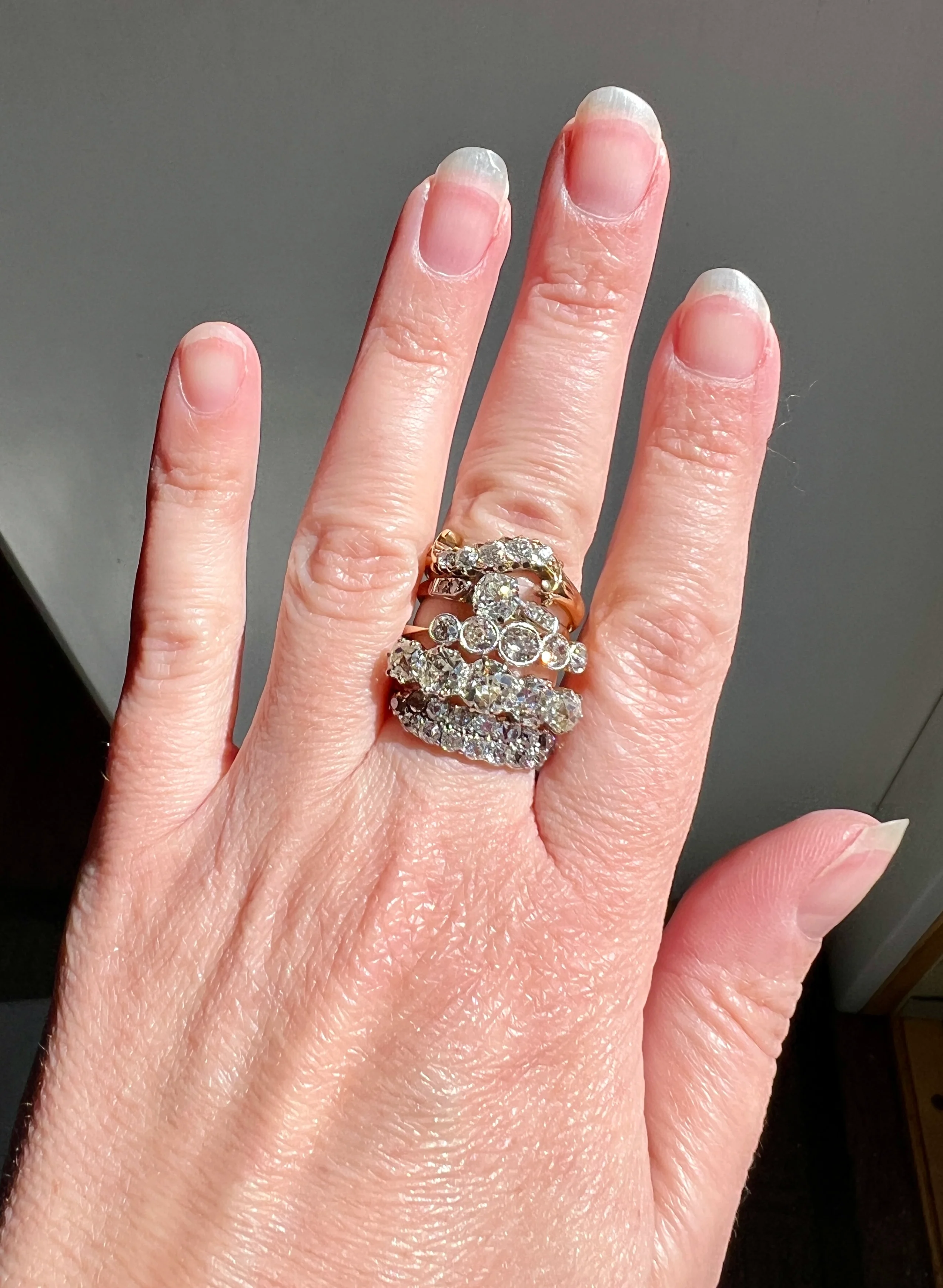 Antique 2.5 Carat Old Mine Cut DIAMOND 18k Gold Five Stone Ring Tall Band Romantic Gift Splayed Stacker - Image 45