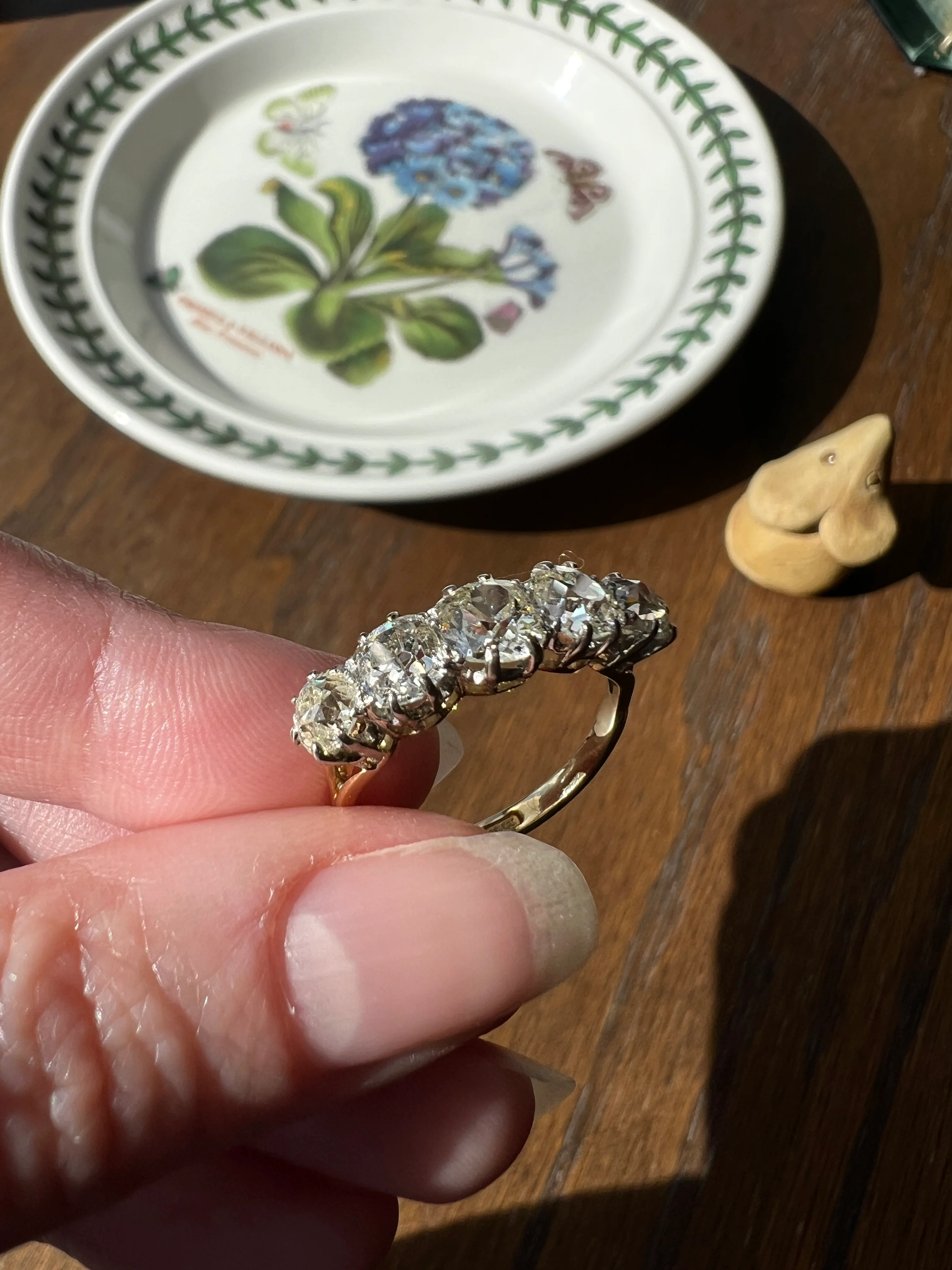 Antique 2.5 Carat Old Mine Cut DIAMOND 18k Gold Five Stone Ring Tall Band Romantic Gift Splayed Stacker - Image 48