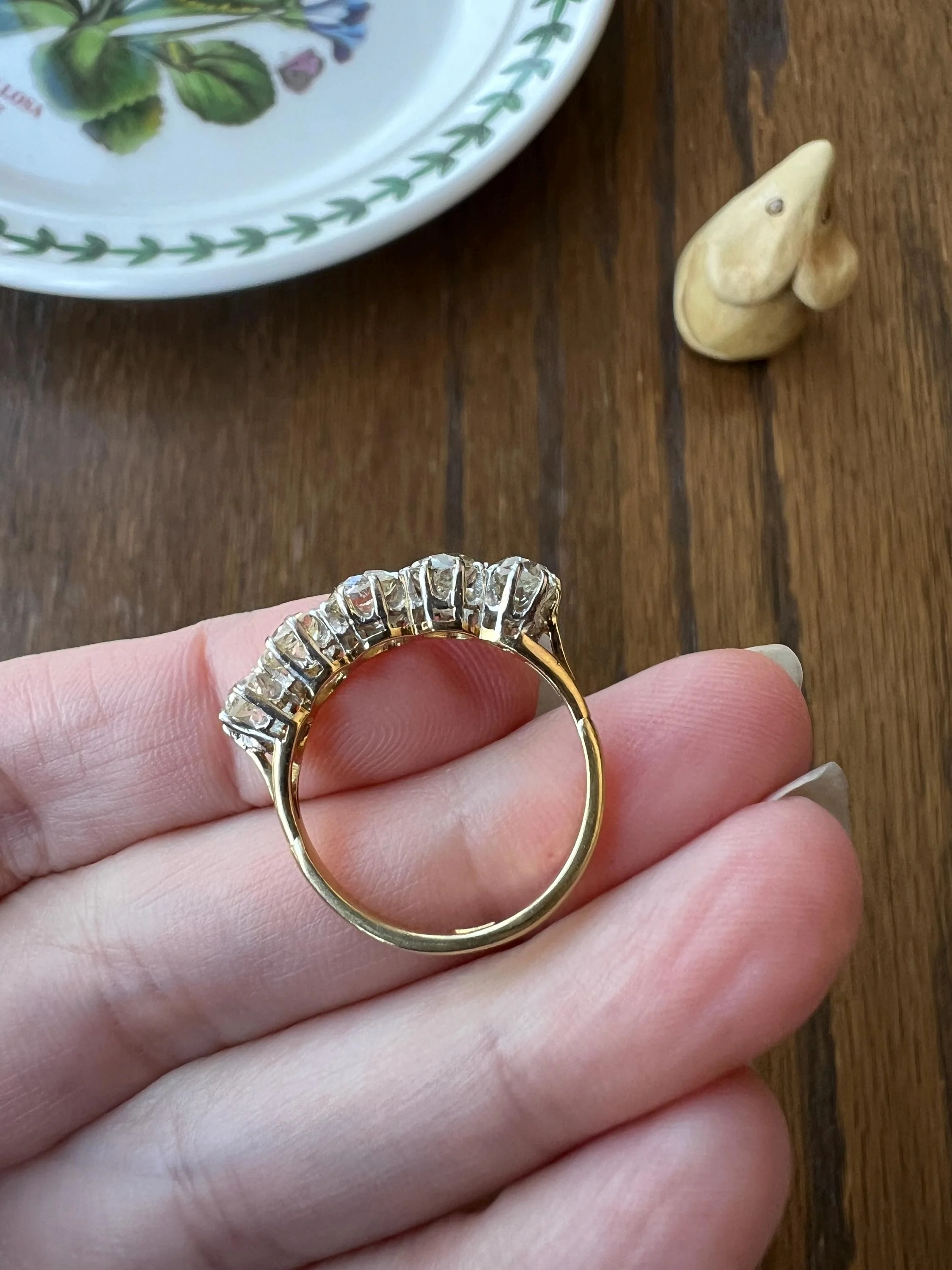 Antique 2.5 Carat Old Mine Cut DIAMOND 18k Gold Five Stone Ring Tall Band Romantic Gift Splayed Stacker - Image 9