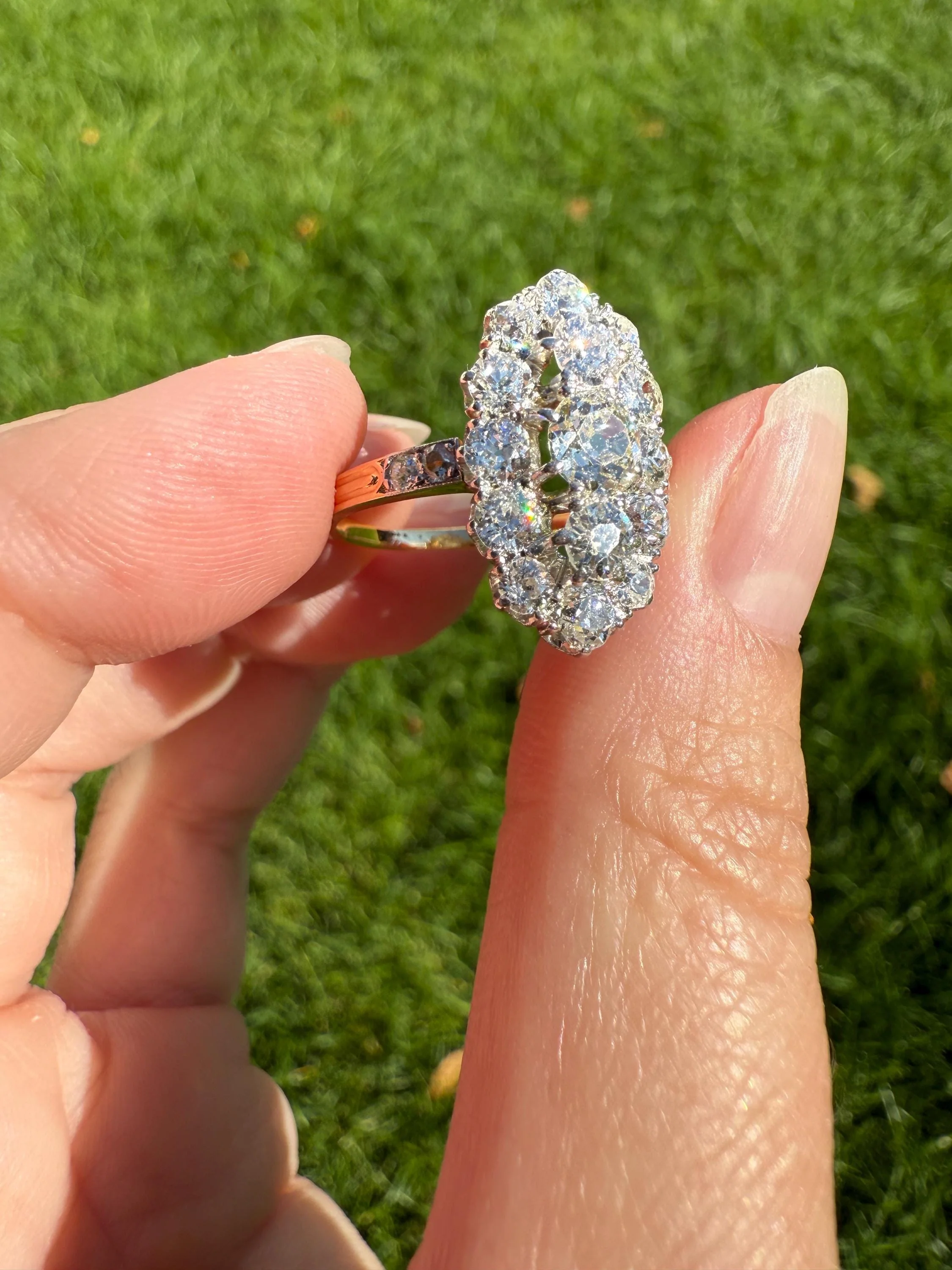 Antique 2.5 Carat Old Mine & European Cut DIAMOND Oval Navette Cluster Ring French 18k Gold Platinum Victorian Belle Epoque - Image 2