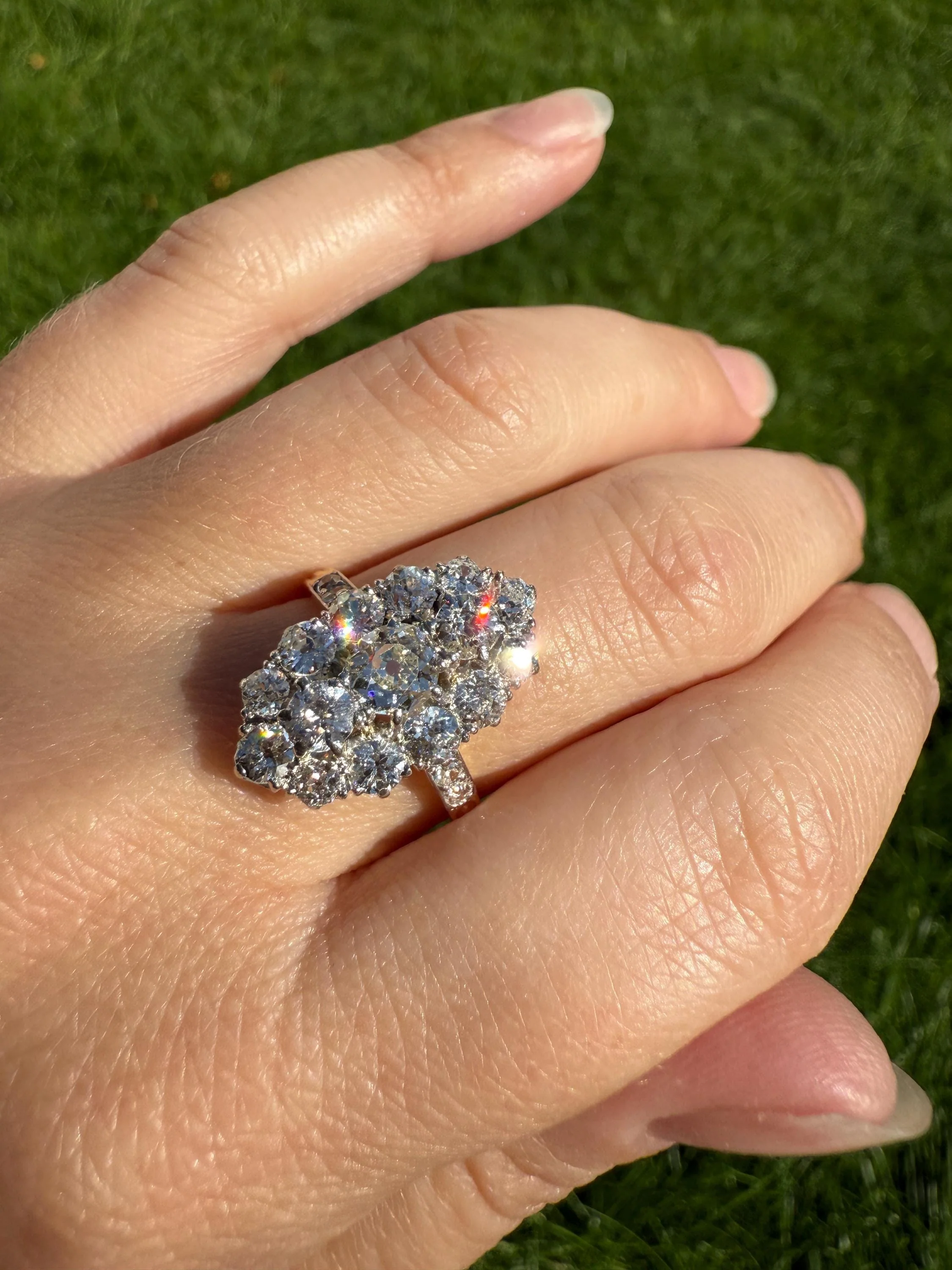 Antique 2.5 Carat Old Mine & European Cut DIAMOND Oval Navette Cluster Ring French 18k Gold Platinum Victorian Belle Epoque - Image 3