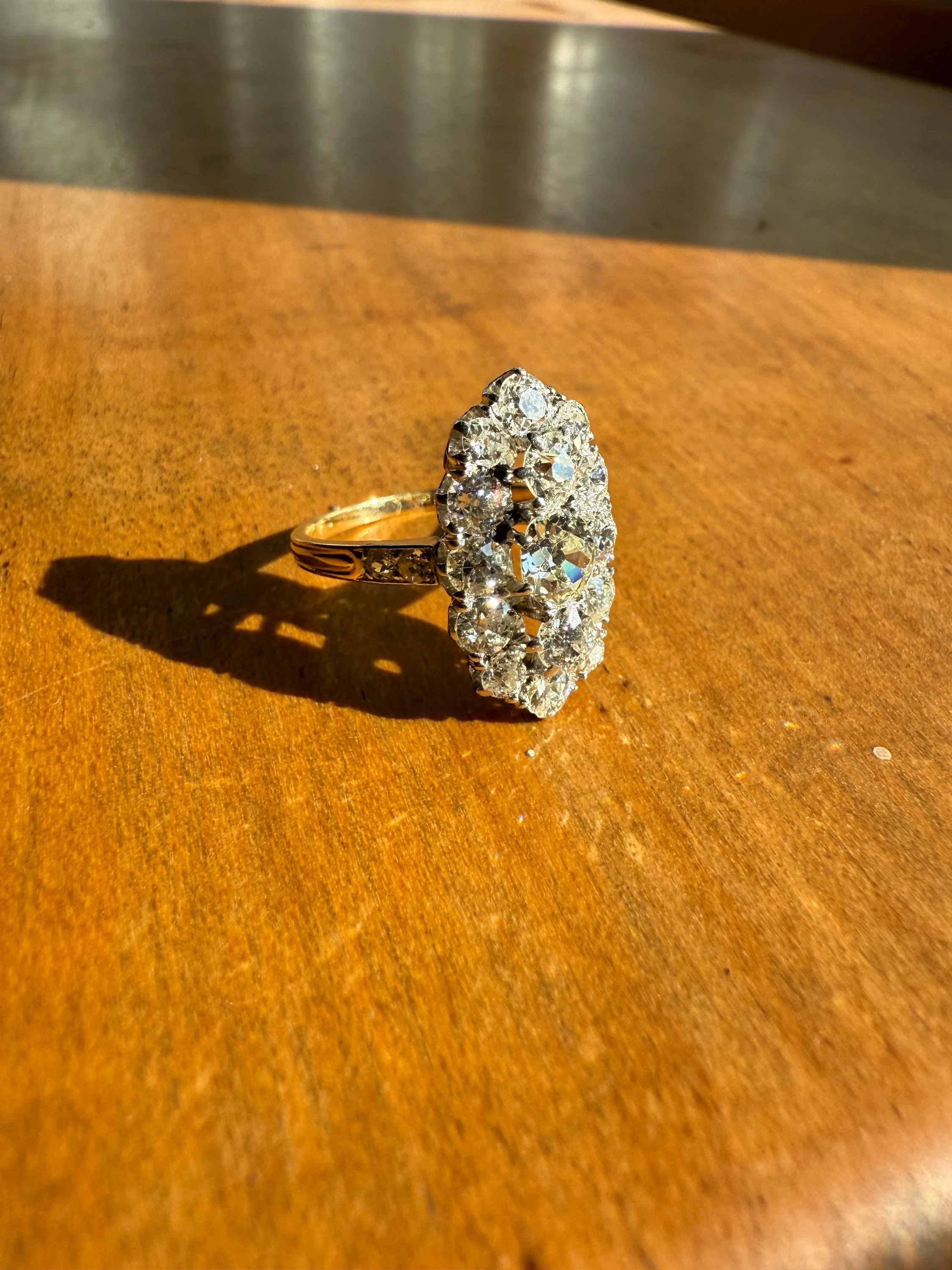 Antique 2.5 Carat Old Mine & European Cut DIAMOND Oval Navette Cluster Ring French 18k Gold Platinum Victorian Belle Epoque - Image 6