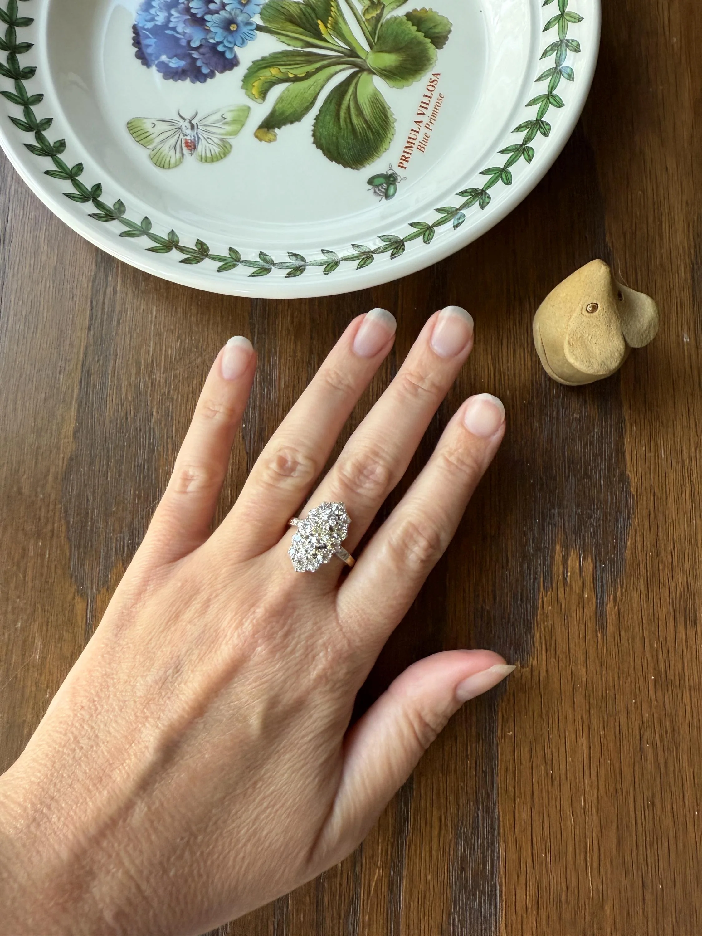 Antique 2.5 Carat Old Mine & European Cut DIAMOND Oval Navette Cluster Ring French 18k Gold Platinum Victorian Belle Epoque - Image 7