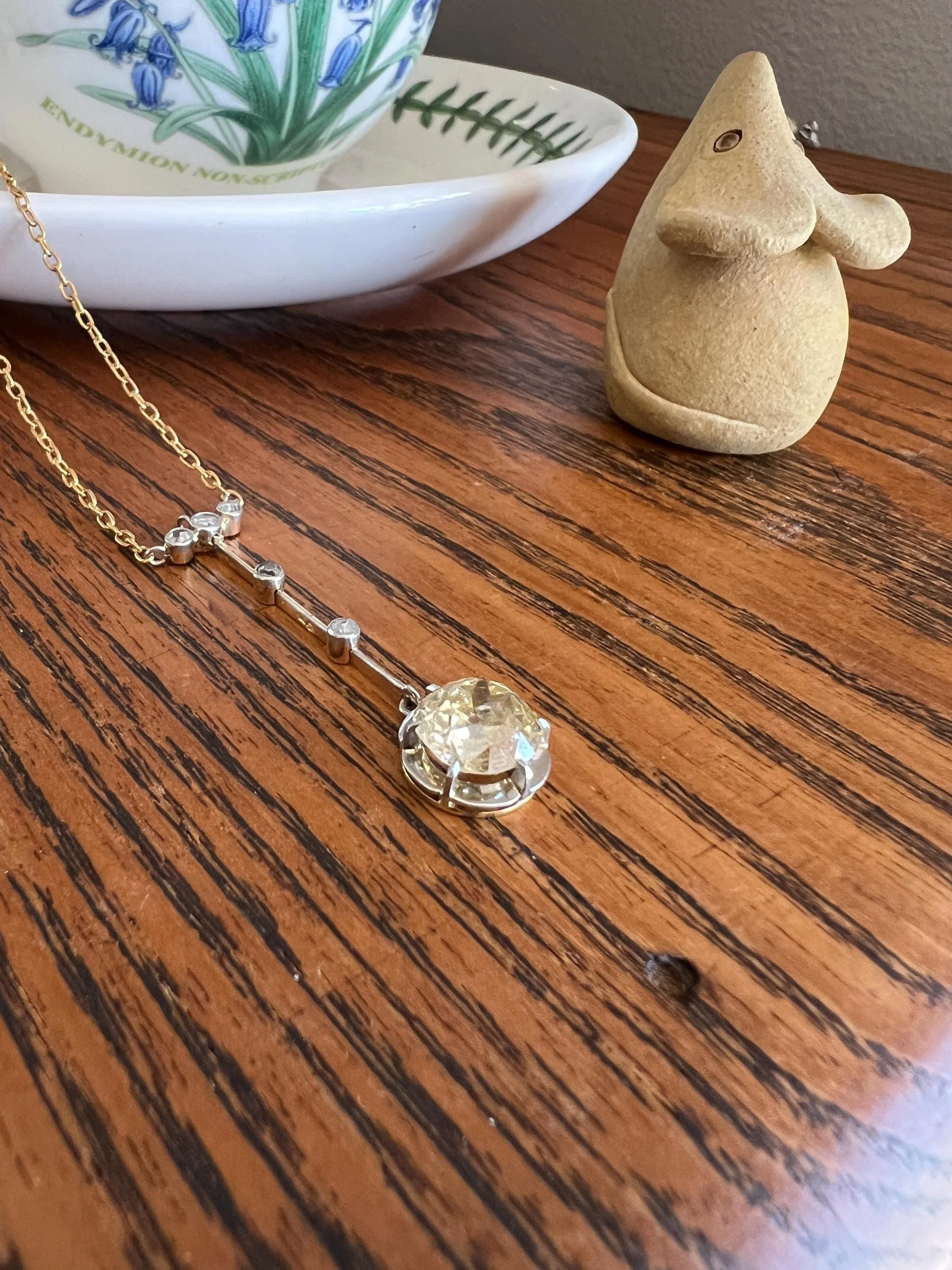 Antique 2.5 Carat Yellow Old Mine Cut DIAMOND Solitaire Pendant Rose Cut Accents on 18k Gold Chain French Necklace - Image 11