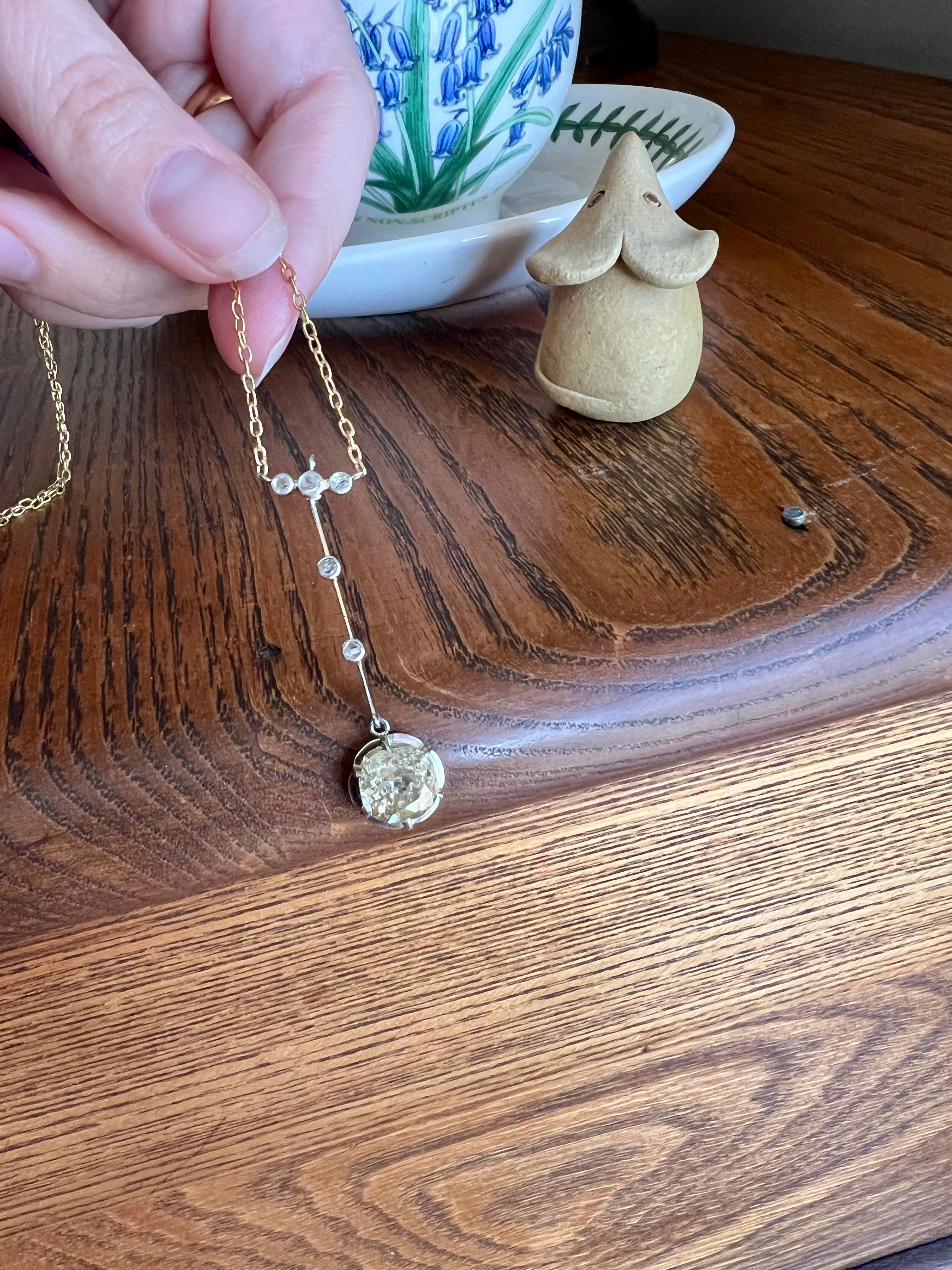 Antique 2.5 Carat Yellow Old Mine Cut DIAMOND Solitaire Pendant Rose Cut Accents on 18k Gold Chain French Necklace - Image 12