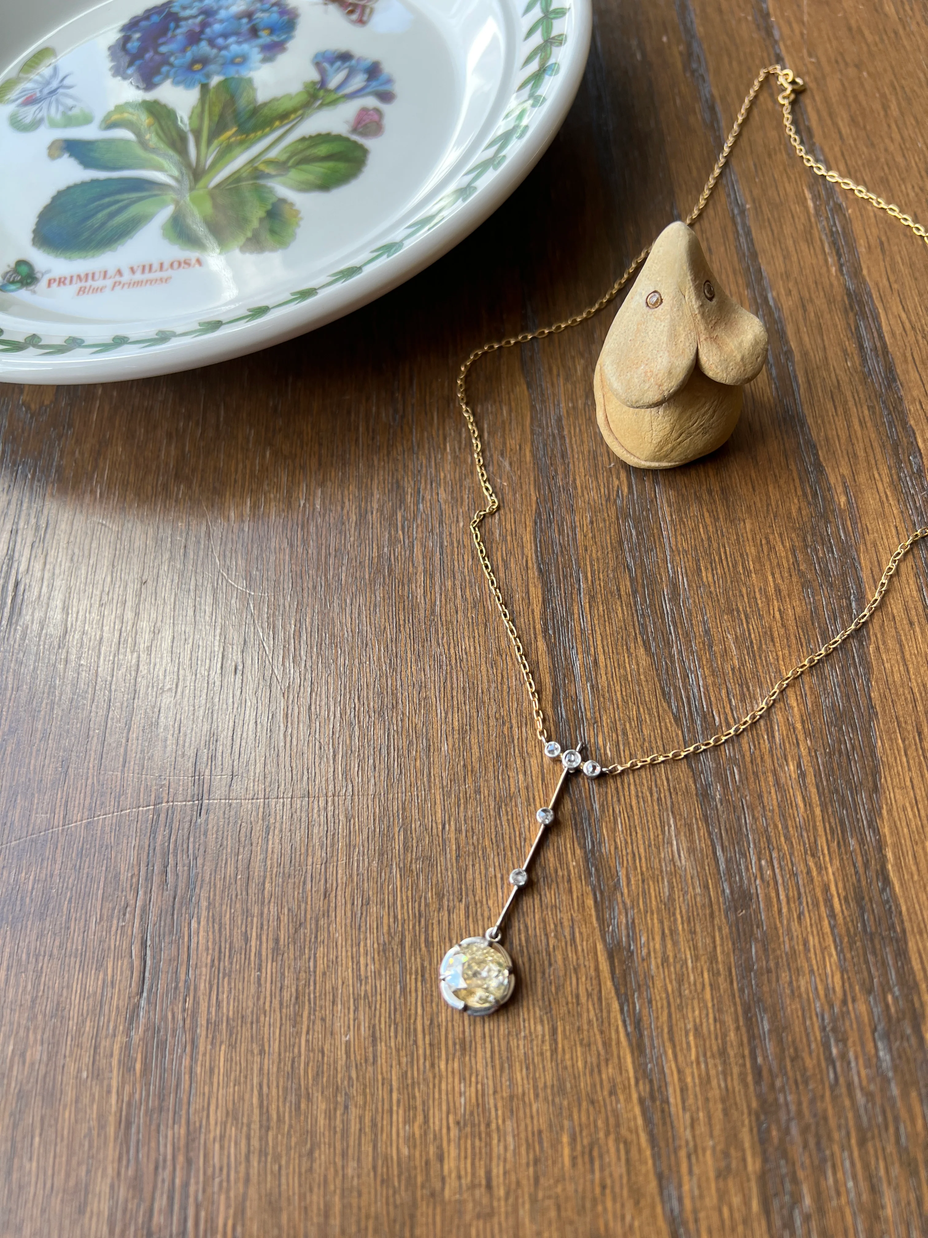 Antique 2.5 Carat Yellow Old Mine Cut DIAMOND Solitaire Pendant Rose Cut Accents on 18k Gold Chain French Necklace - Image 13