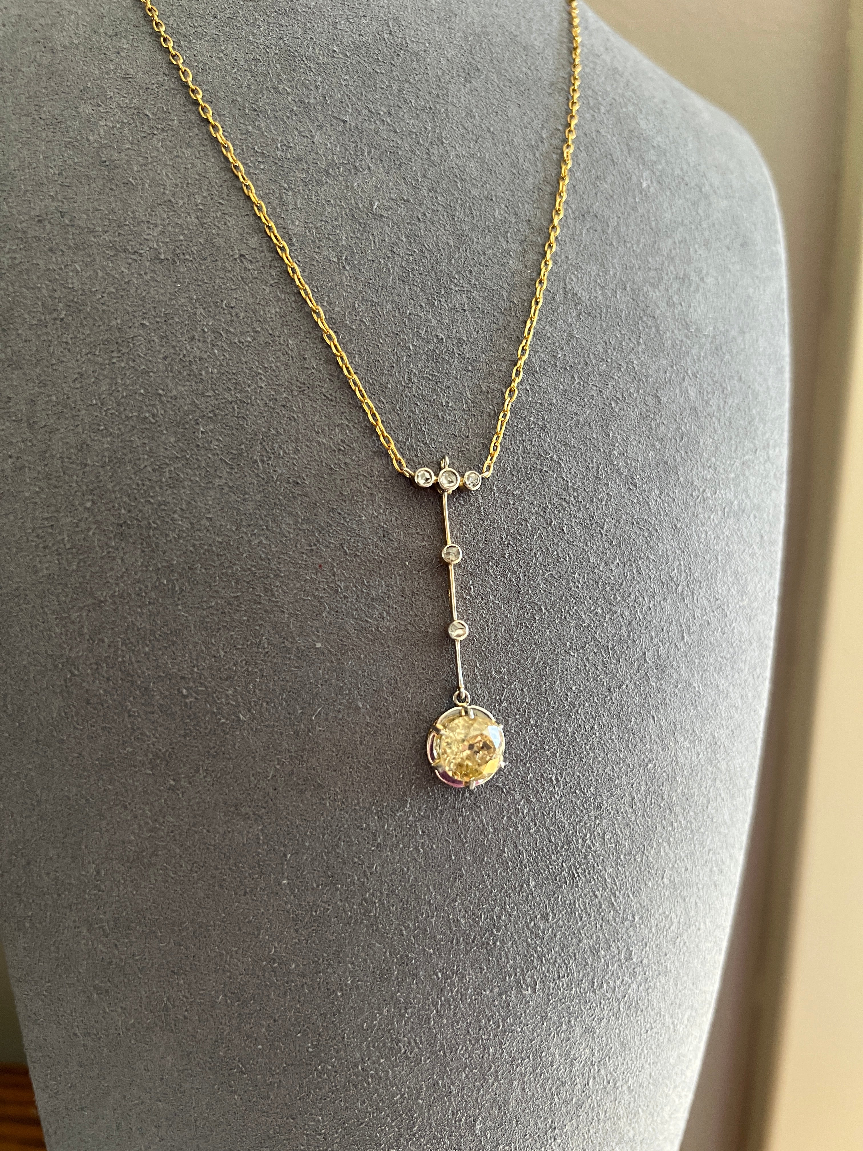 Antique 2.5 Carat Yellow Old Mine Cut DIAMOND Solitaire Pendant Rose Cut Accents on 18k Gold Chain French Necklace - Image 17
