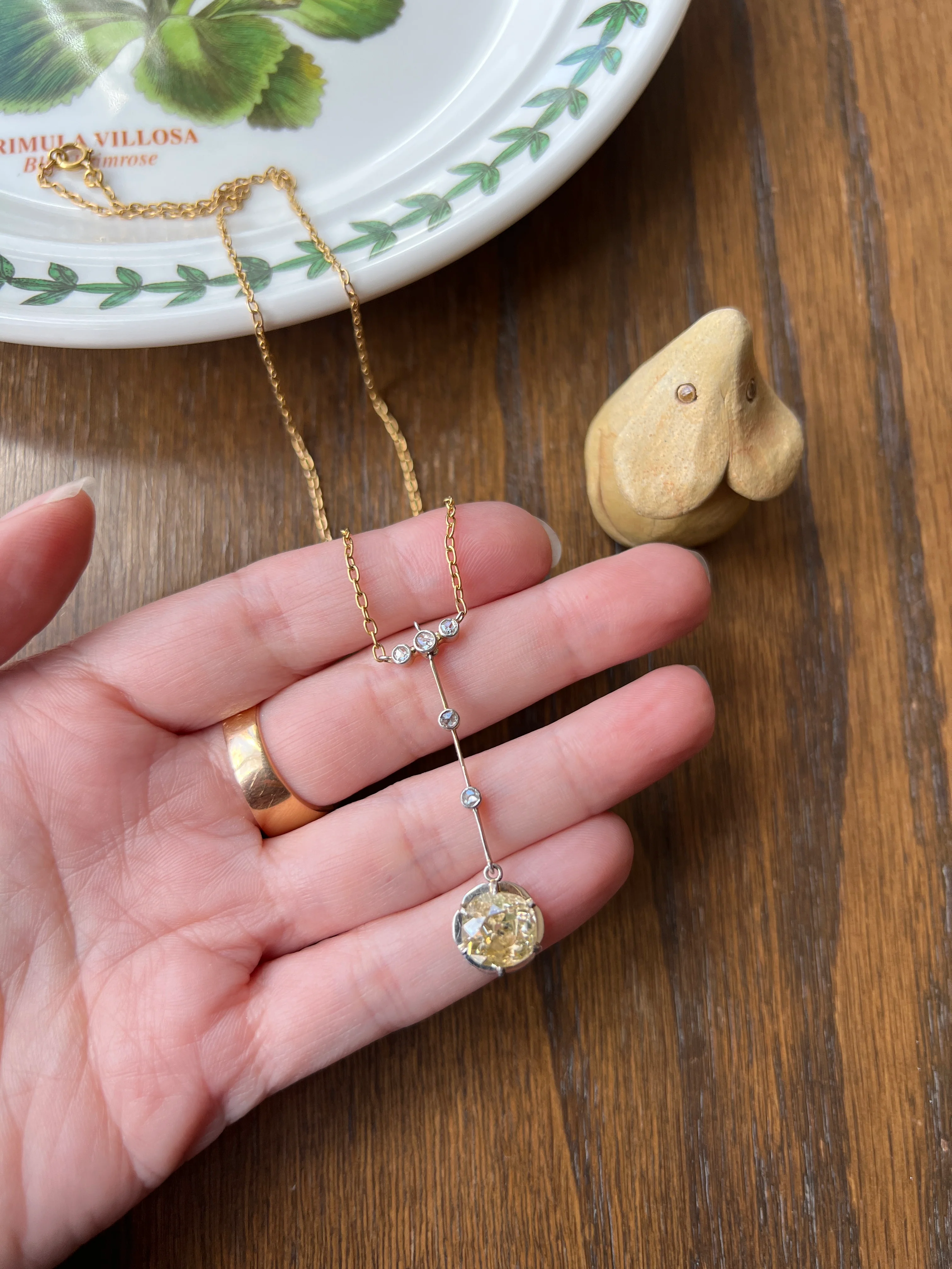 Antique 2.5 Carat Yellow Old Mine Cut DIAMOND Solitaire Pendant Rose Cut Accents on 18k Gold Chain French Necklace - Image 18