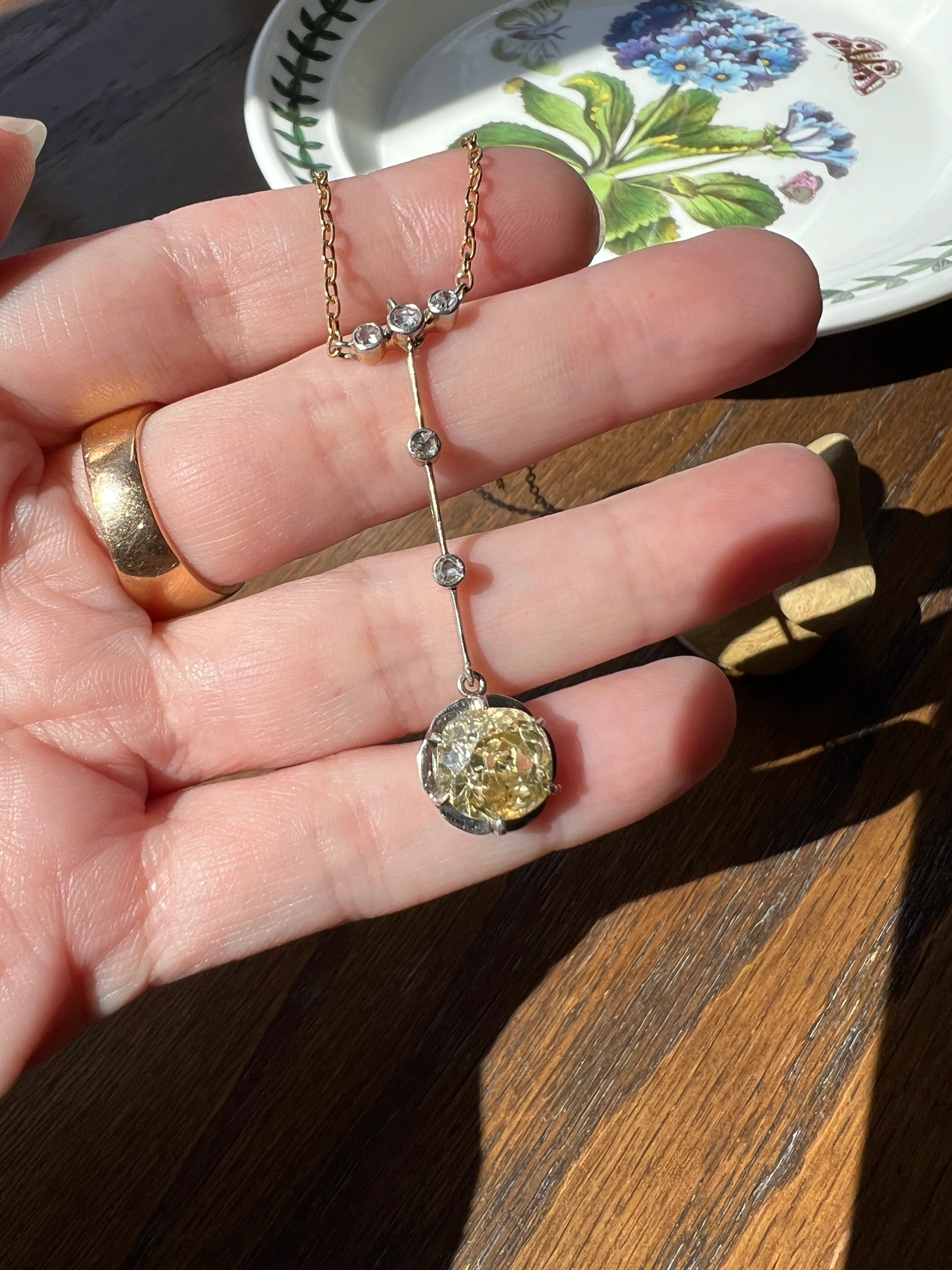 Antique 2.5 Carat Yellow Old Mine Cut DIAMOND Solitaire Pendant Rose Cut Accents on 18k Gold Chain French Necklace - Image 20