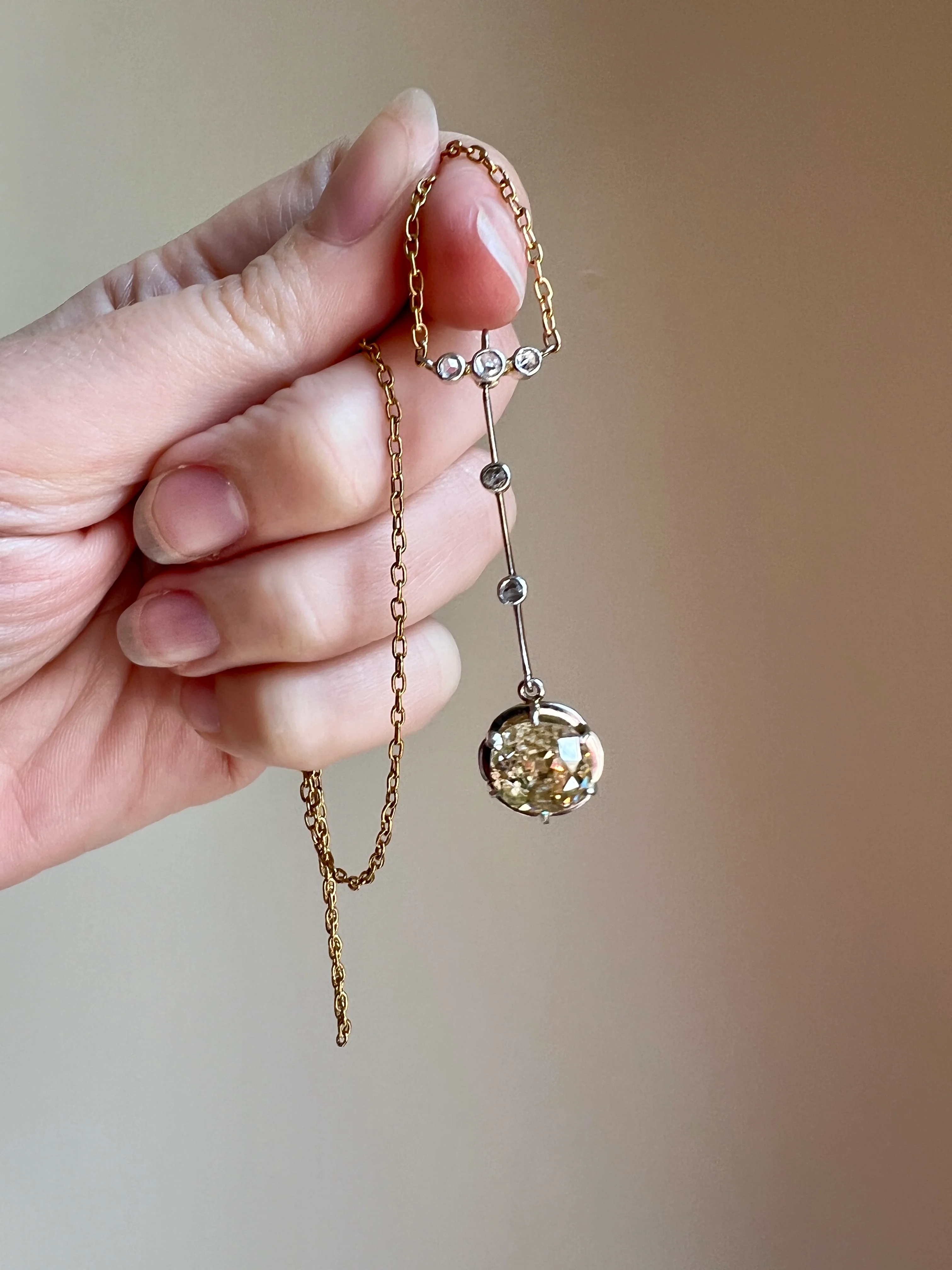 Antique 2.5 Carat Yellow Old Mine Cut DIAMOND Solitaire Pendant Rose Cut Accents on 18k Gold Chain French Necklace - Image 21