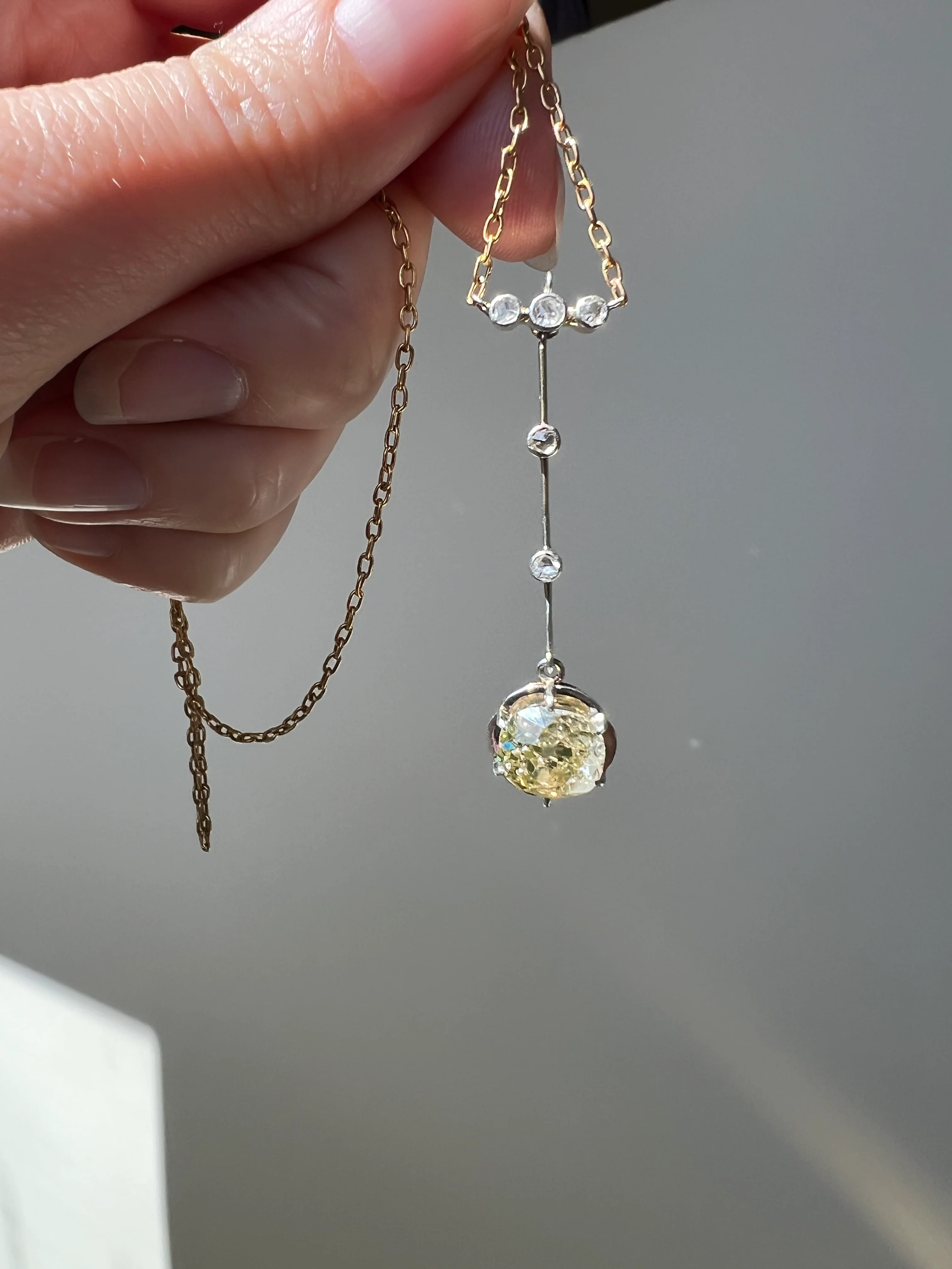 Antique 2.5 Carat Yellow Old Mine Cut DIAMOND Solitaire Pendant Rose Cut Accents on 18k Gold Chain French Necklace - Image 22