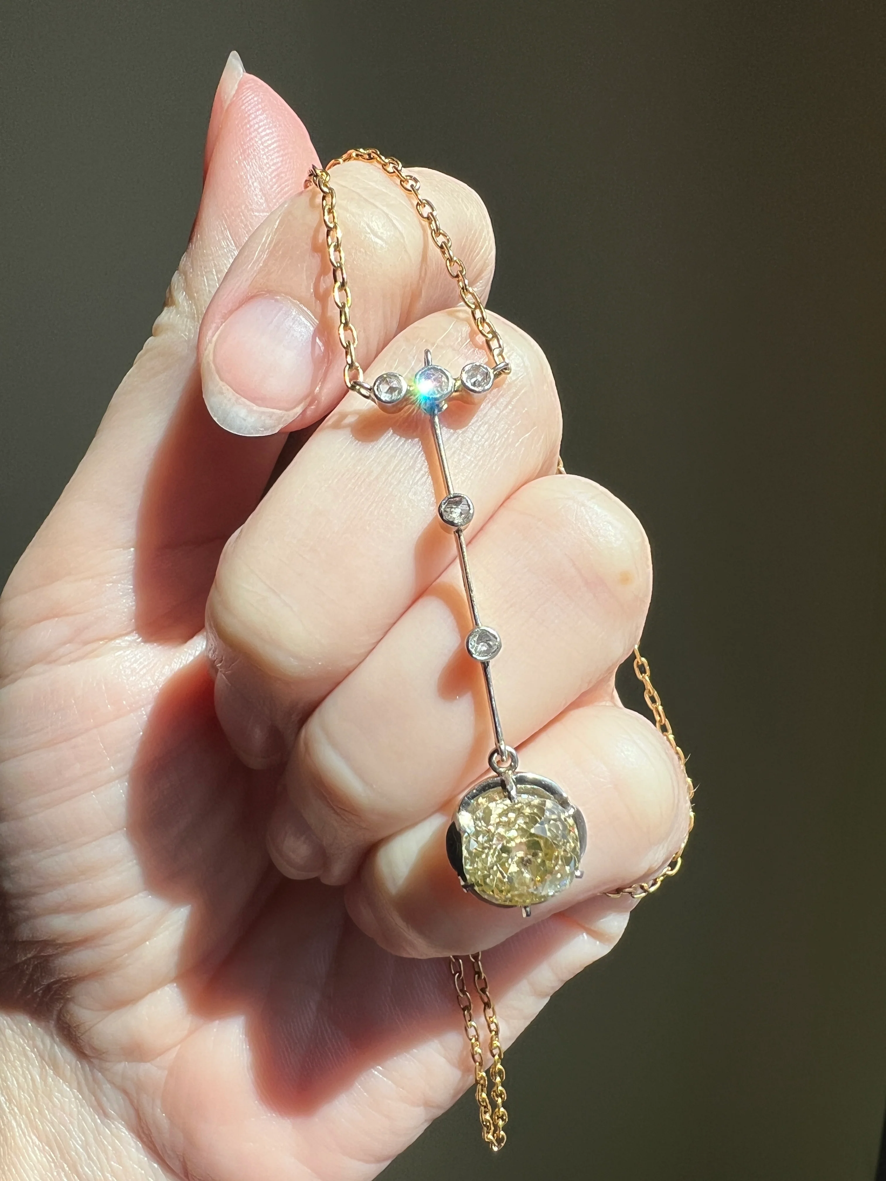Antique 2.5 Carat Yellow Old Mine Cut DIAMOND Solitaire Pendant Rose Cut Accents on 18k Gold Chain French Necklace - Image 23