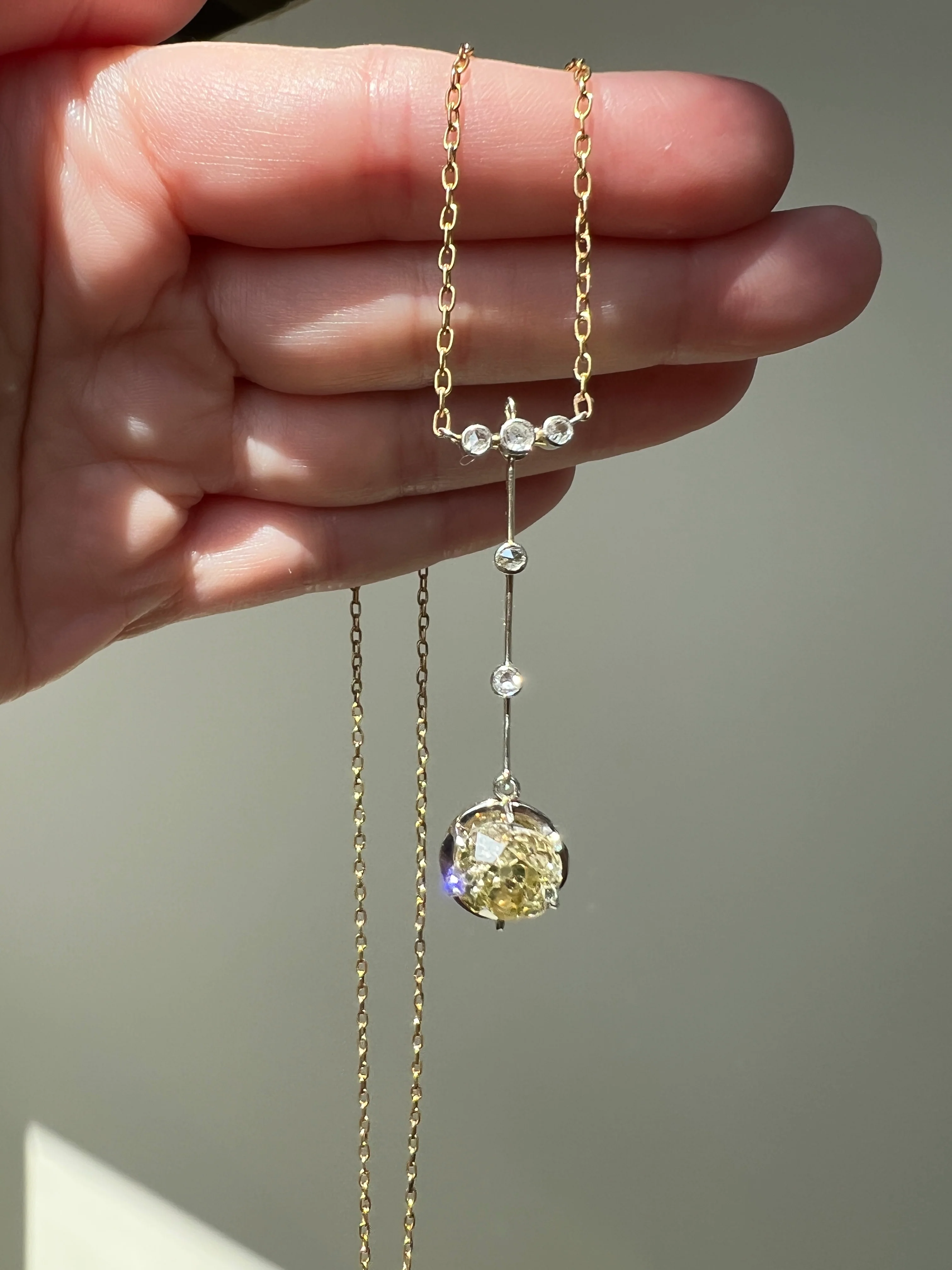 Antique 2.5 Carat Yellow Old Mine Cut DIAMOND Solitaire Pendant Rose Cut Accents on 18k Gold Chain French Necklace - Image 24