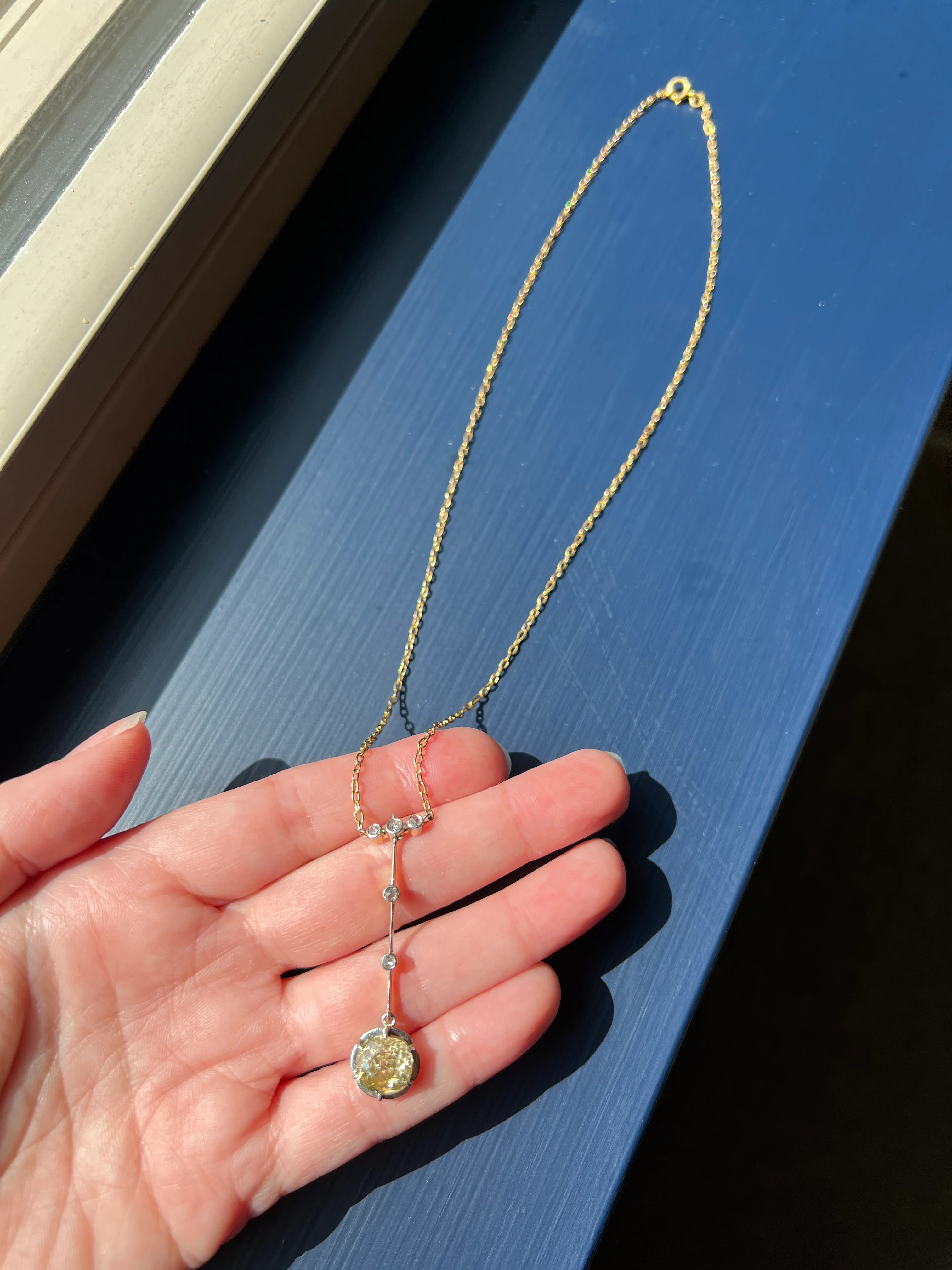 Antique 2.5 Carat Yellow Old Mine Cut DIAMOND Solitaire Pendant Rose Cut Accents on 18k Gold Chain French Necklace - Image 25