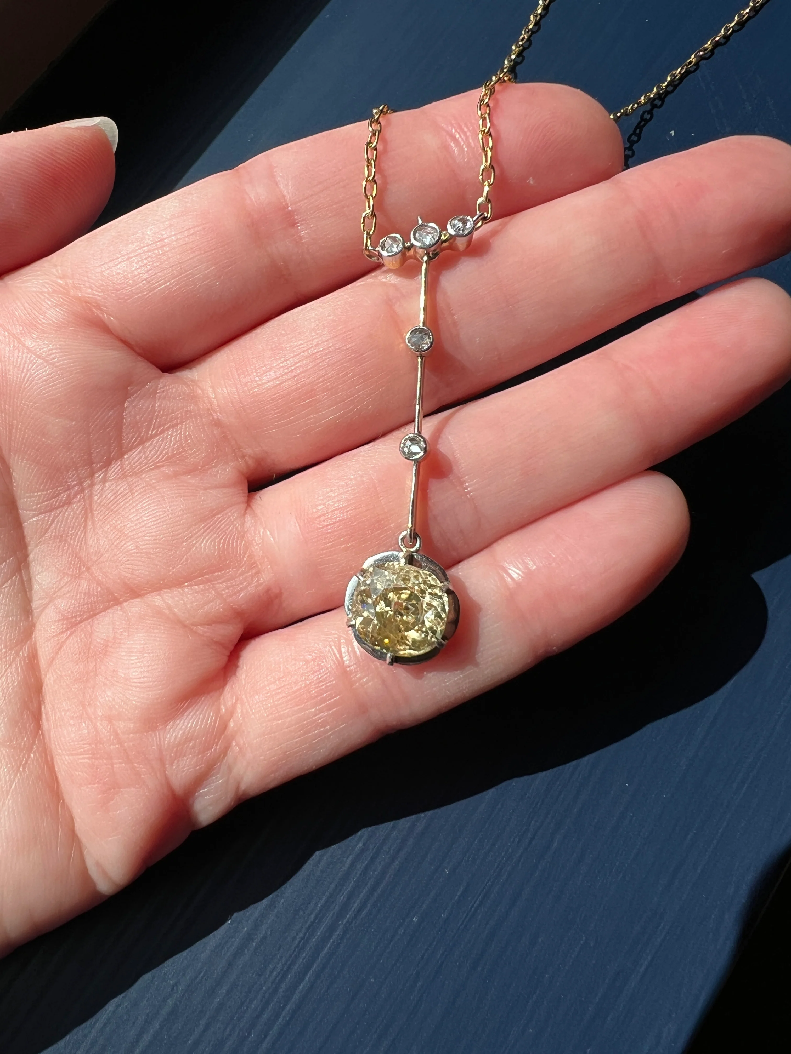 Antique 2.5 Carat Yellow Old Mine Cut DIAMOND Solitaire Pendant Rose Cut Accents on 18k Gold Chain French Necklace - Image 26