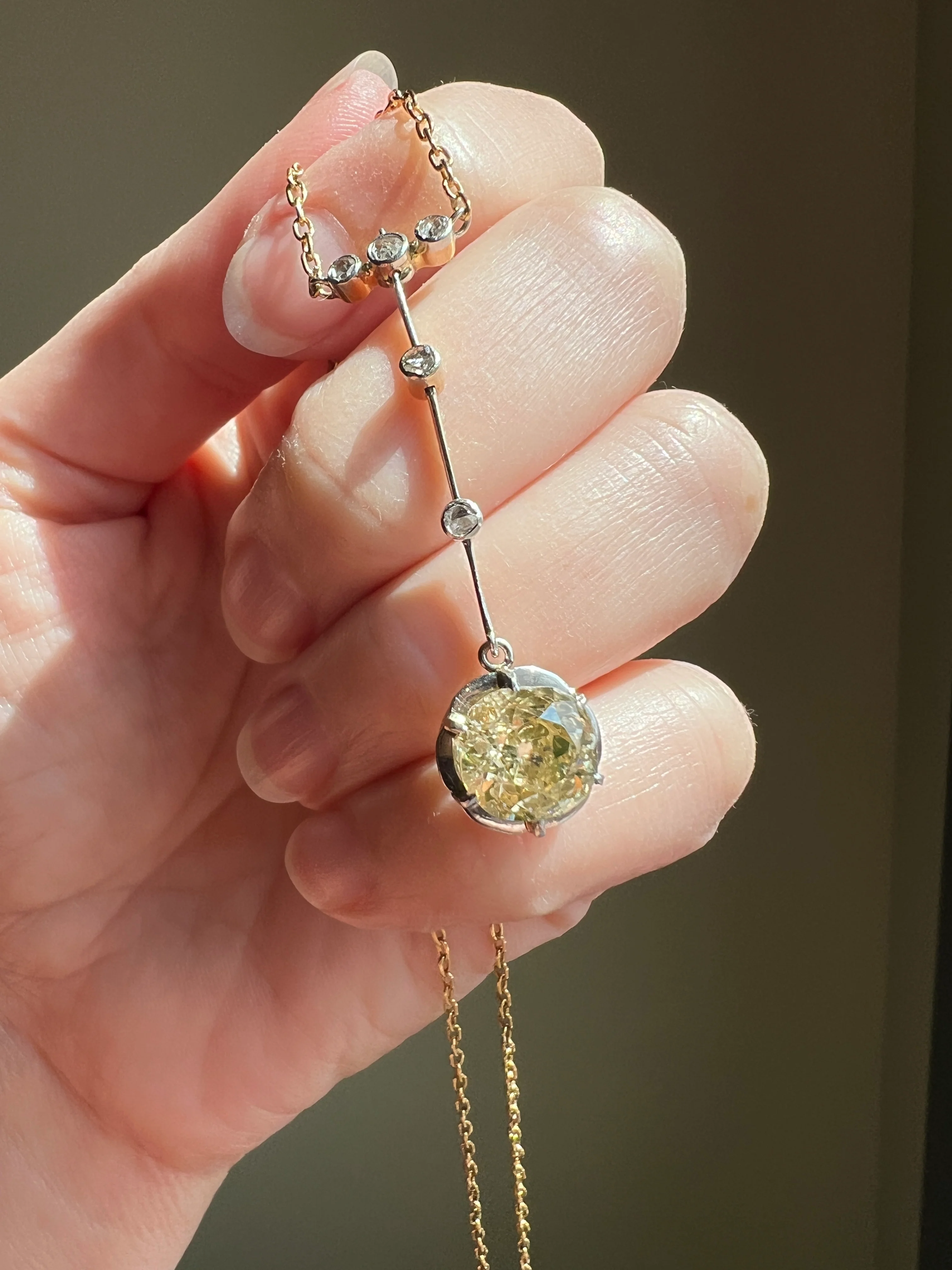 Antique 2.5 Carat Yellow Old Mine Cut DIAMOND Solitaire Pendant Rose Cut Accents on 18k Gold Chain French Necklace - Image 27