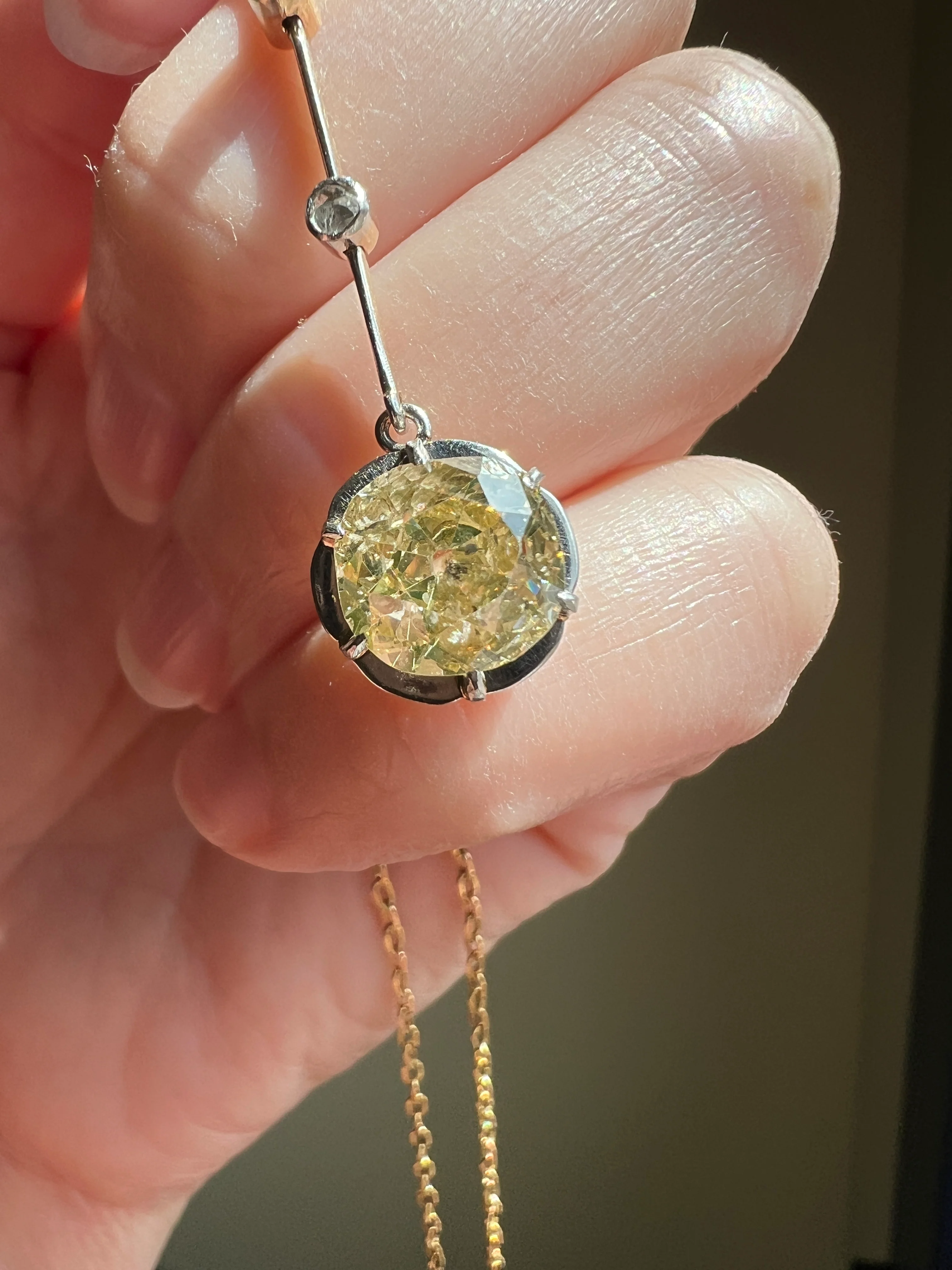 Antique 2.5 Carat Yellow Old Mine Cut DIAMOND Solitaire Pendant Rose Cut Accents on 18k Gold Chain French Necklace - Image 28