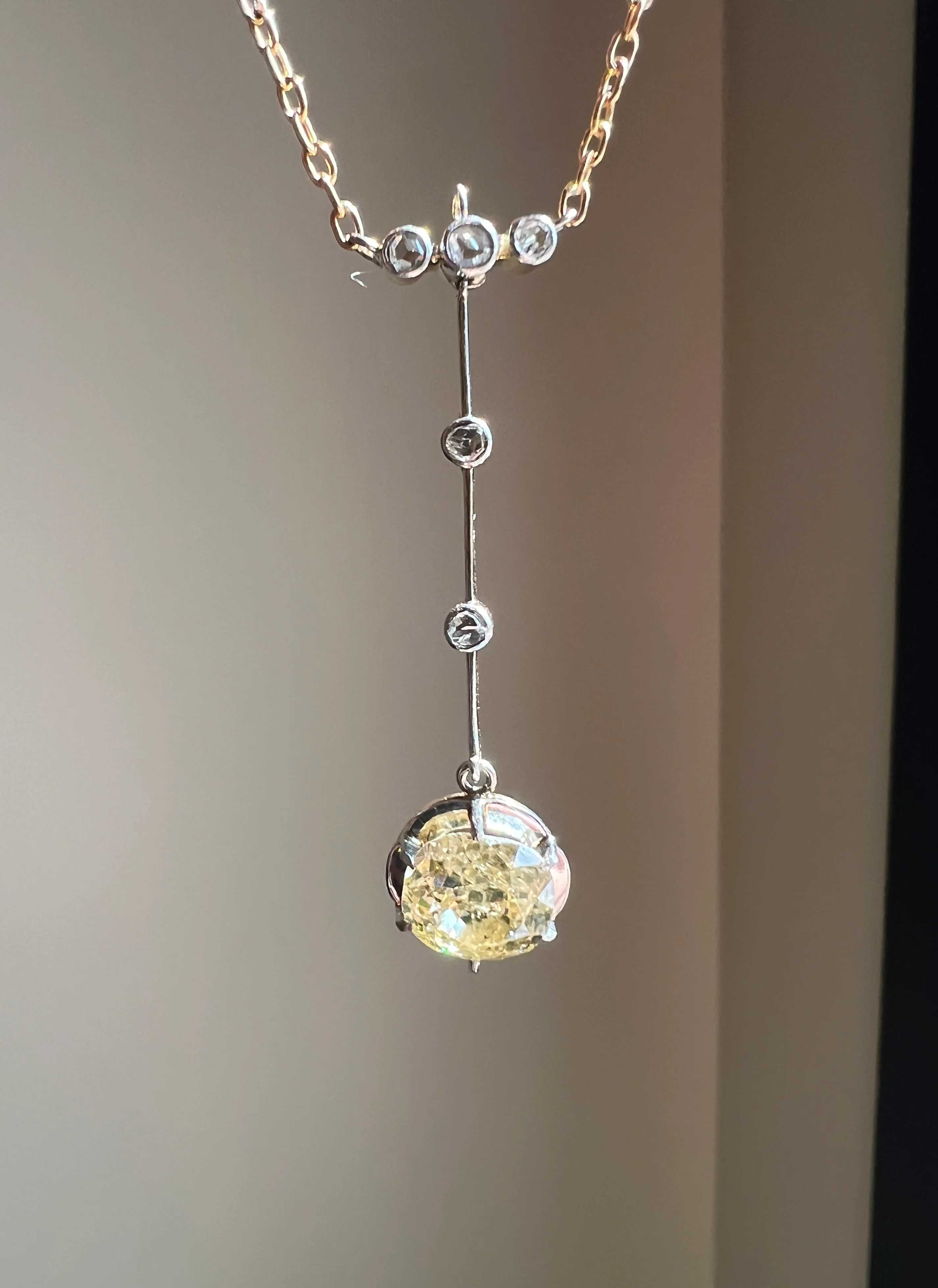 Antique 2.5 Carat Yellow Old Mine Cut DIAMOND Solitaire Pendant Rose Cut Accents on 18k Gold Chain French Necklace - Image 29