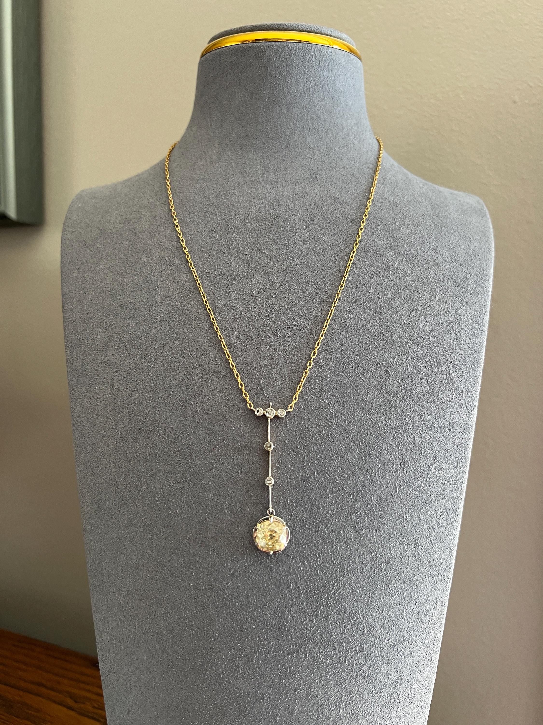 Antique 2.5 Carat Yellow Old Mine Cut DIAMOND Solitaire Pendant Rose Cut Accents on 18k Gold Chain French Necklace - Image 3