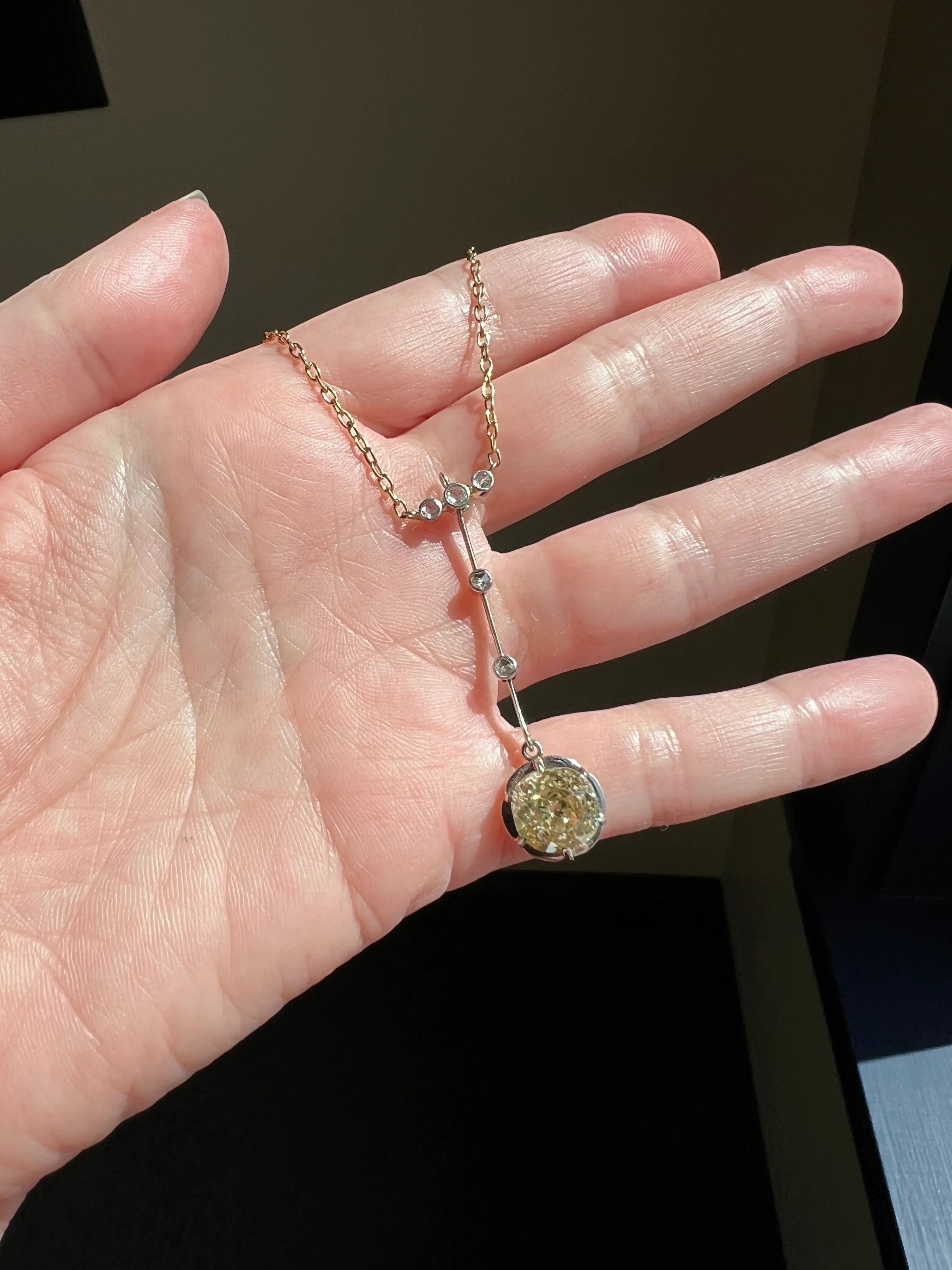 Antique 2.5 Carat Yellow Old Mine Cut DIAMOND Solitaire Pendant Rose Cut Accents on 18k Gold Chain French Necklace - Image 30