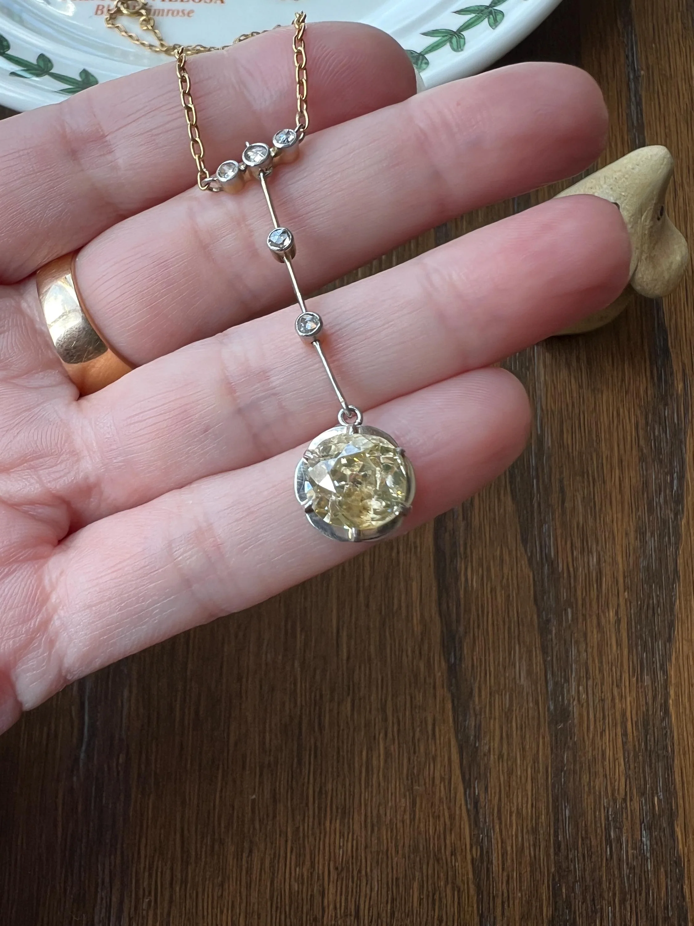 Antique 2.5 Carat Yellow Old Mine Cut DIAMOND Solitaire Pendant Rose Cut Accents on 18k Gold Chain French Necklace - Image 5