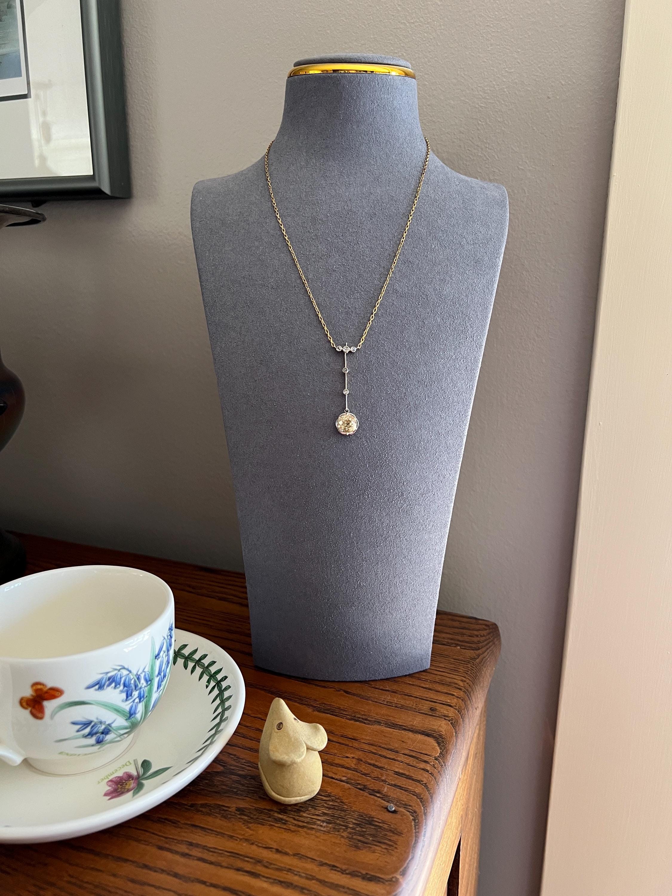 Antique 2.5 Carat Yellow Old Mine Cut DIAMOND Solitaire Pendant Rose Cut Accents on 18k Gold Chain French Necklace - Image 7