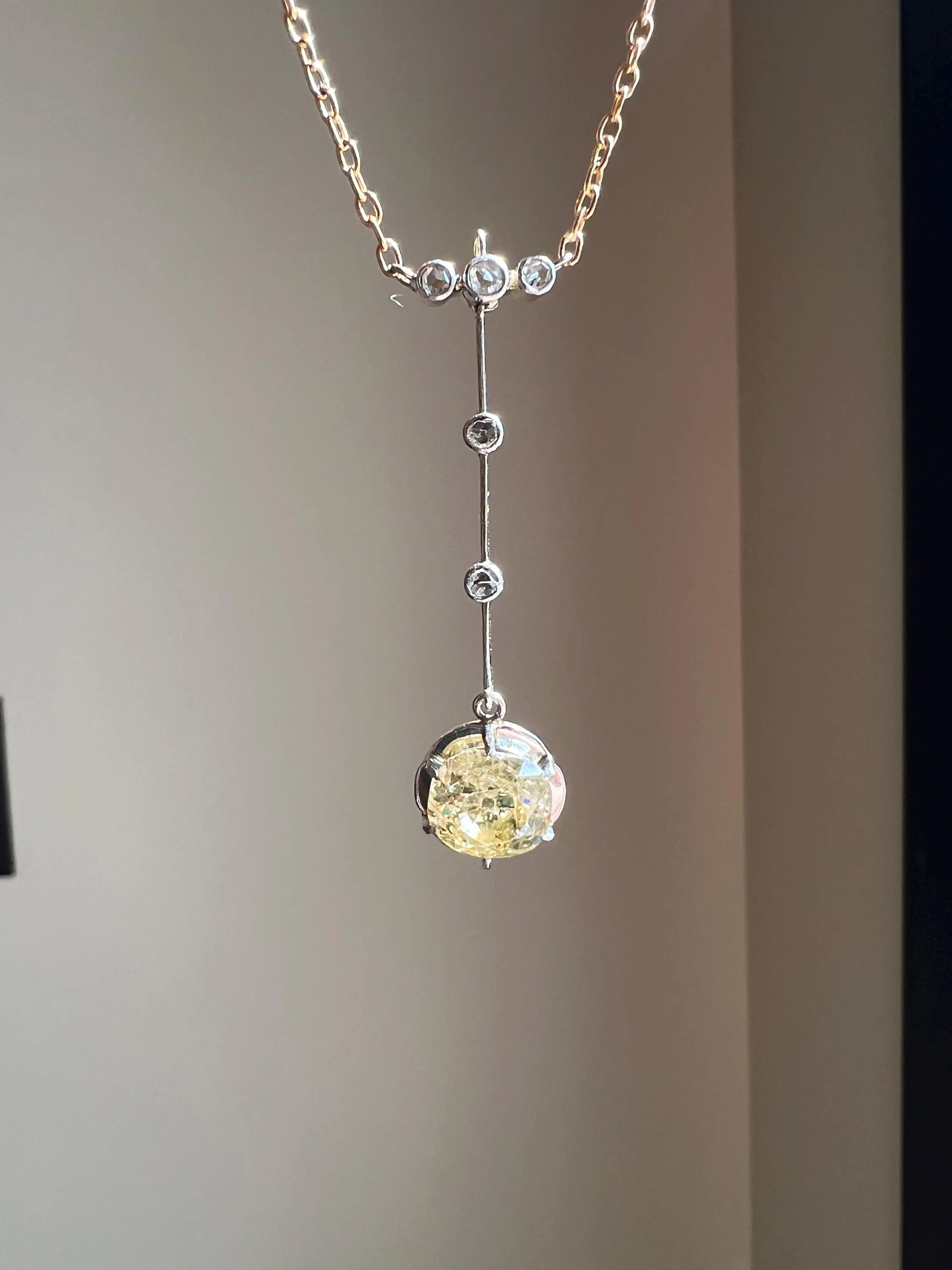 Antique 2.5 Carat Yellow Old Mine Cut DIAMOND Solitaire Pendant Rose Cut Accents on 18k Gold Chain French Necklace - Image 8