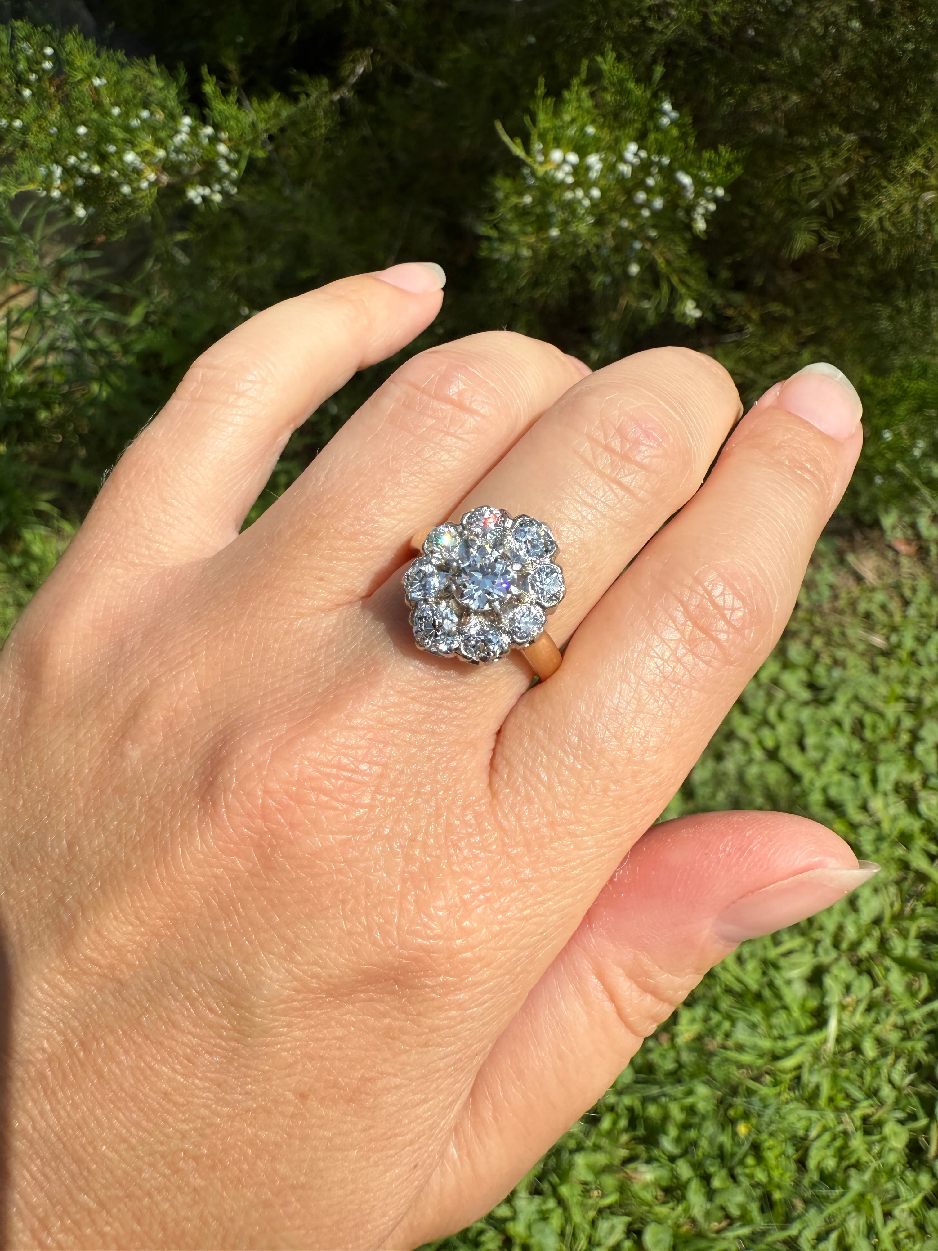 ANTIQUE 2.6 Carat 9 Old Mine Cut DIAMOND Daisy Cluster Ring 18k Gold & PLATINUM Belle Epoque Romantic Gift OmC Victorian Oval - Image 15