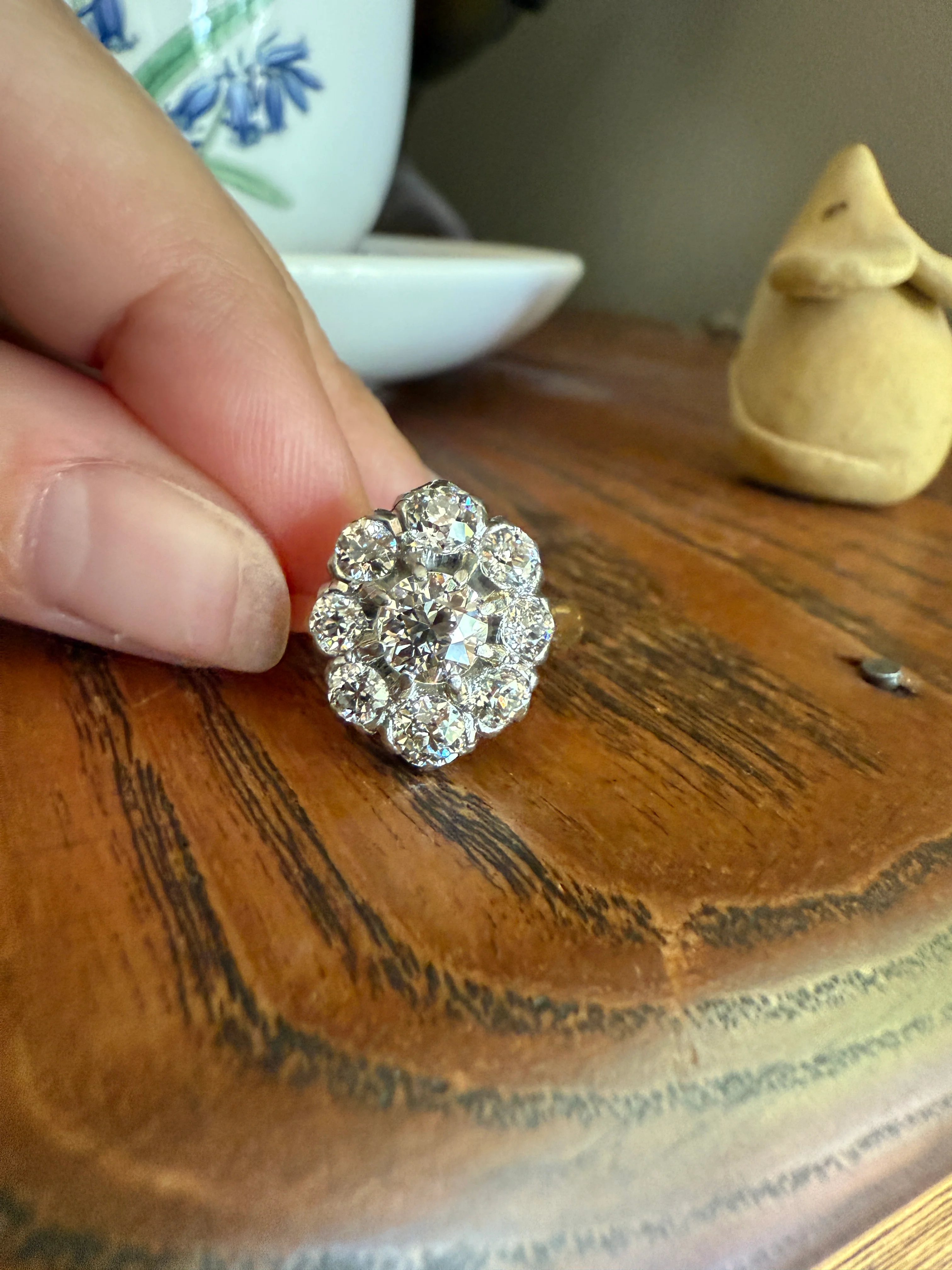 ANTIQUE 2.6 Carat 9 Old Mine Cut DIAMOND Daisy Cluster Ring 18k Gold & PLATINUM Belle Epoque Romantic Gift OmC Victorian Oval - Image 26