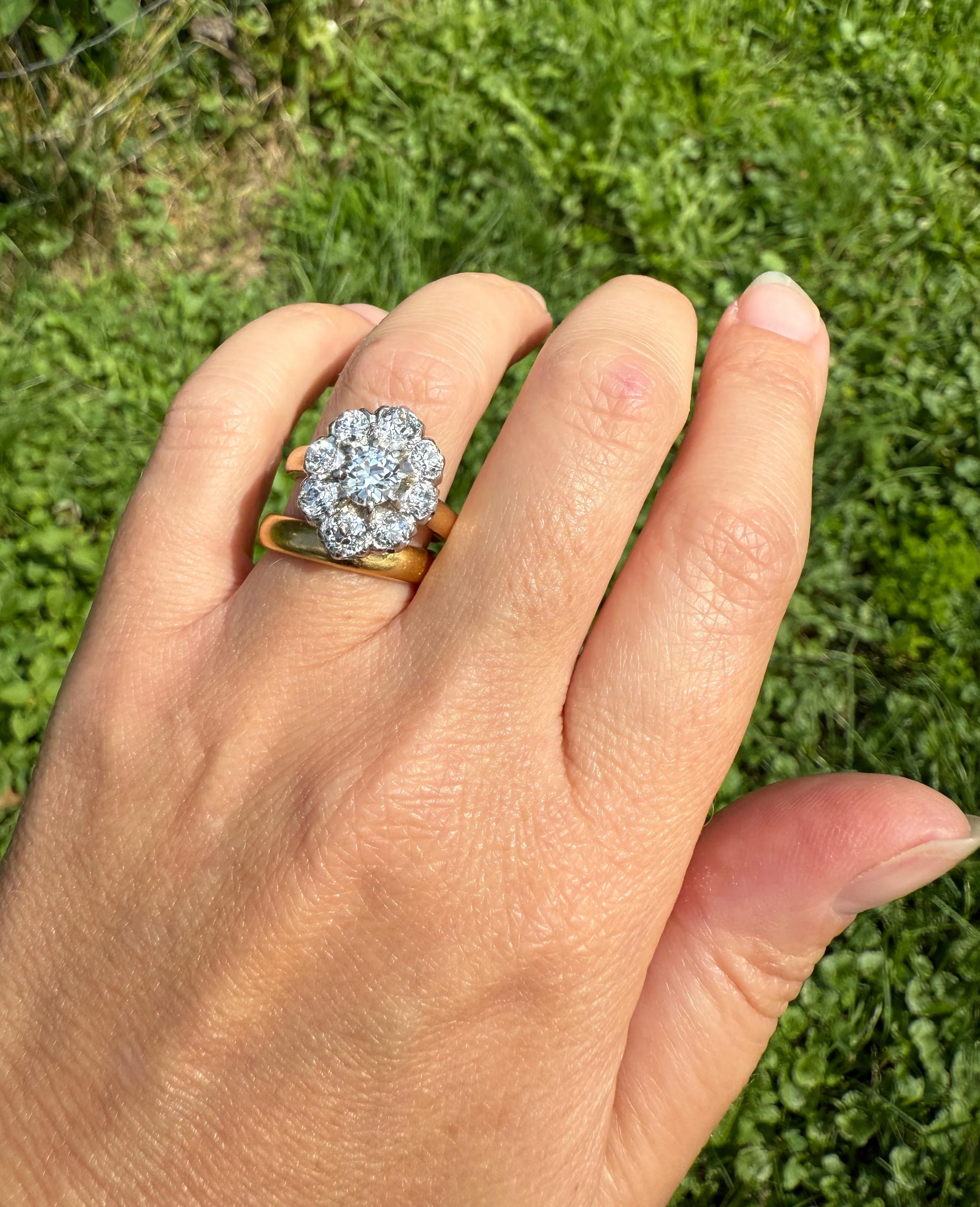 ANTIQUE 2.6 Carat 9 Old Mine Cut DIAMOND Daisy Cluster Ring 18k Gold & PLATINUM Belle Epoque Romantic Gift OmC Victorian Oval - Image 3