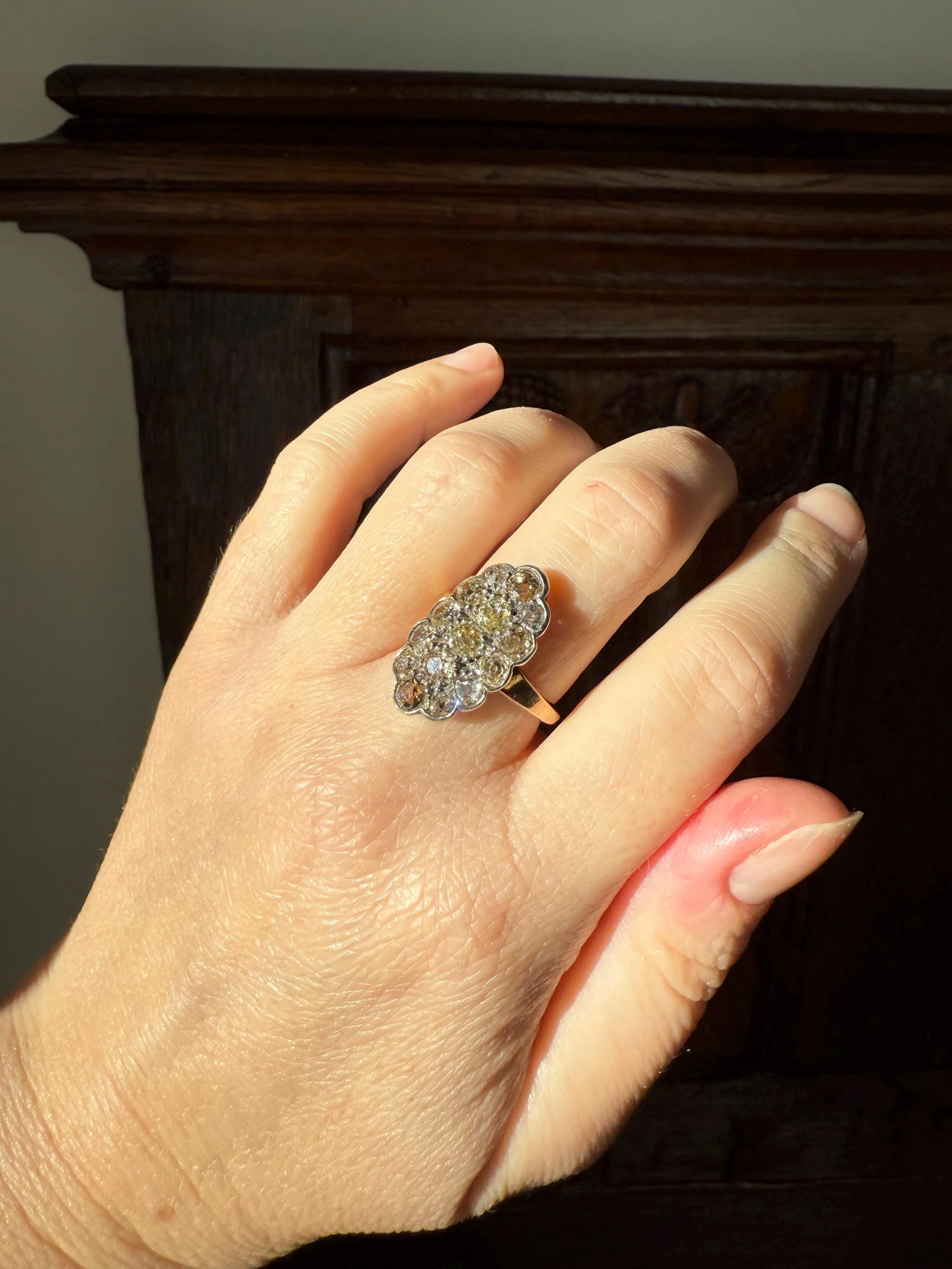 Antique 3 Carats Old Mine Cut DIAMOND Scalloped Oval Navette Ring Champagne Fancy Light Brown Green Yellow Cluster 18k Gold Silver OMC - Image 10