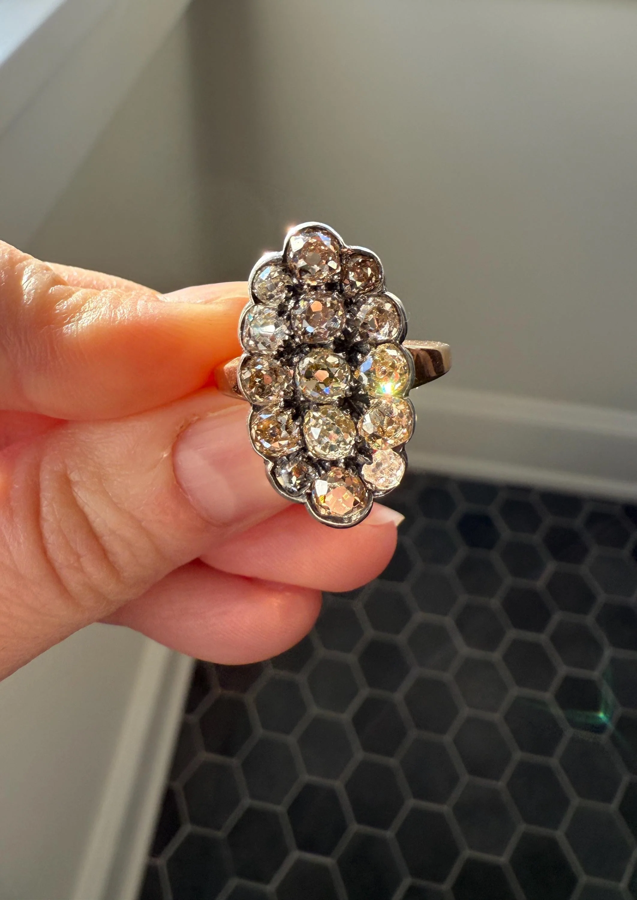 Antique 3 Carats Old Mine Cut DIAMOND Scalloped Oval Navette Ring Champagne Fancy Light Brown Green Yellow Cluster 18k Gold Silver OMC - Image 11