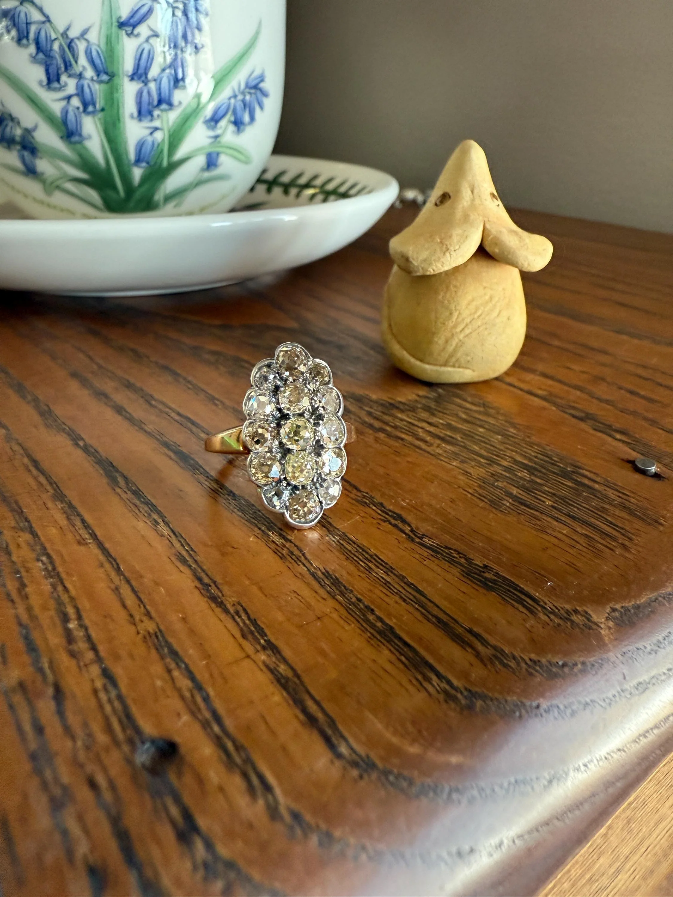 Antique 3 Carats Old Mine Cut DIAMOND Scalloped Oval Navette Ring Champagne Fancy Light Brown Green Yellow Cluster 18k Gold Silver OMC - Image 12