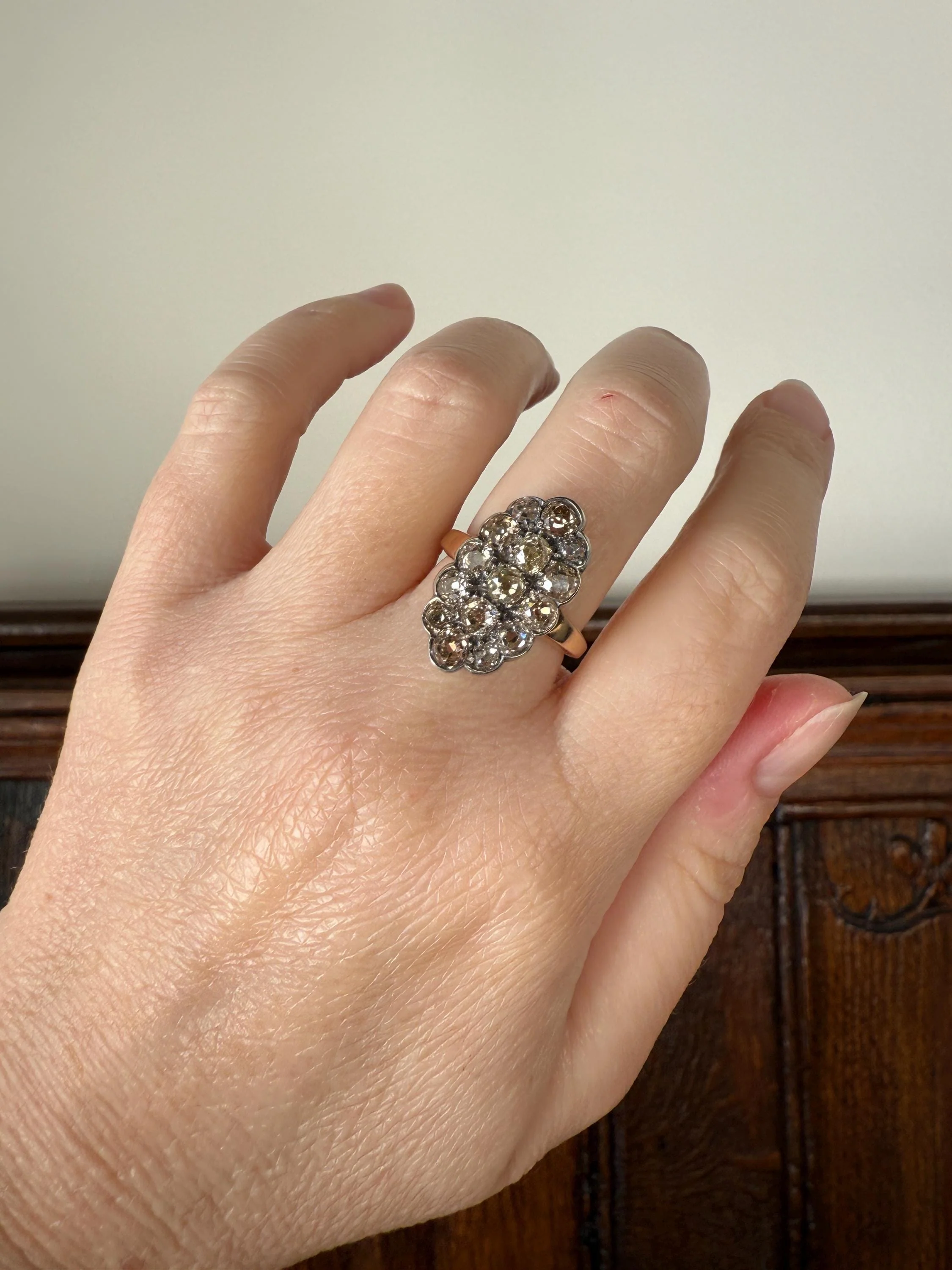 Antique 3 Carats Old Mine Cut DIAMOND Scalloped Oval Navette Ring Champagne Fancy Light Brown Green Yellow Cluster 18k Gold Silver OMC - Image 13