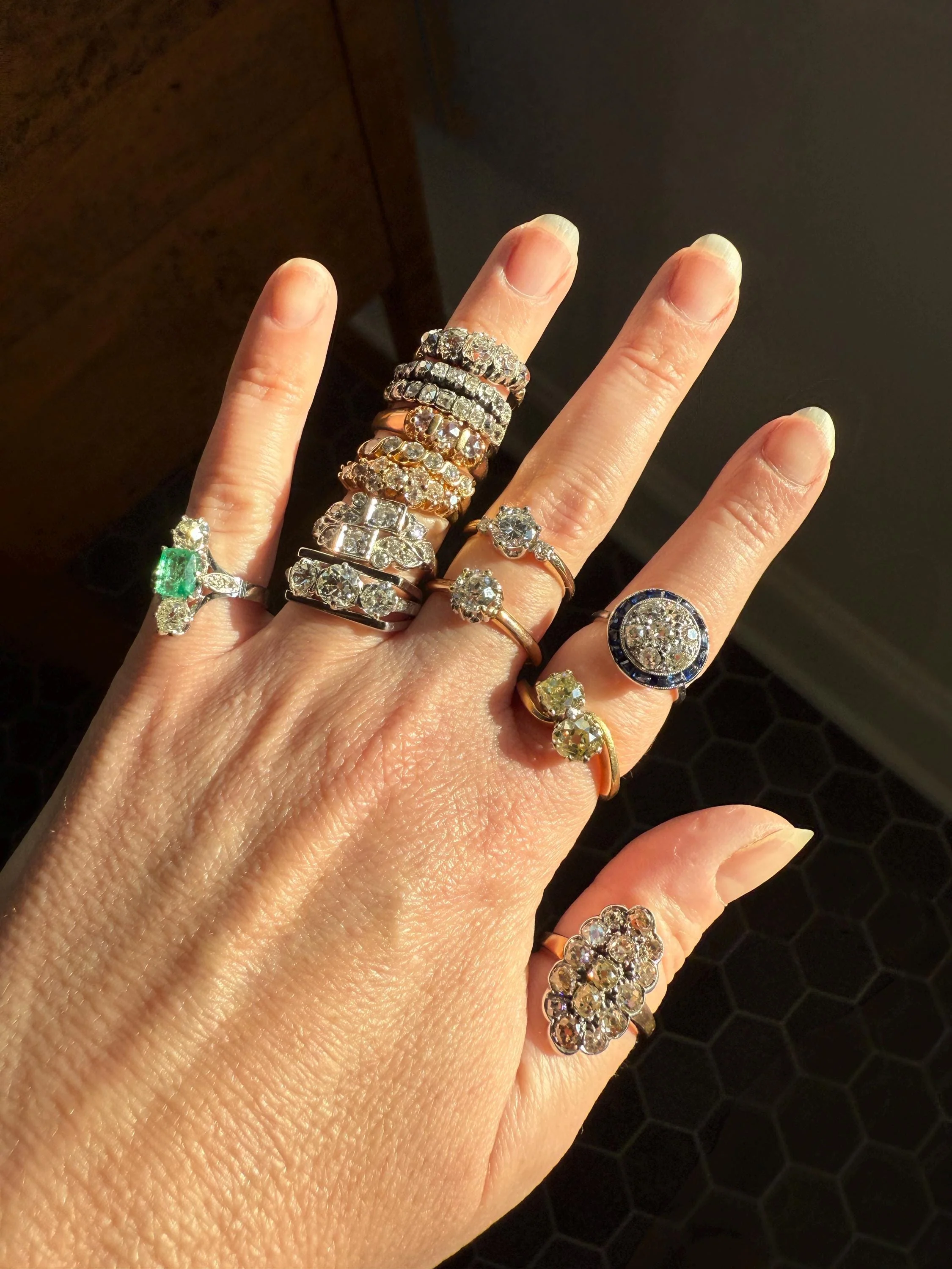 Antique 3 Carats Old Mine Cut DIAMOND Scalloped Oval Navette Ring Champagne Fancy Light Brown Green Yellow Cluster 18k Gold Silver OMC - Image 14