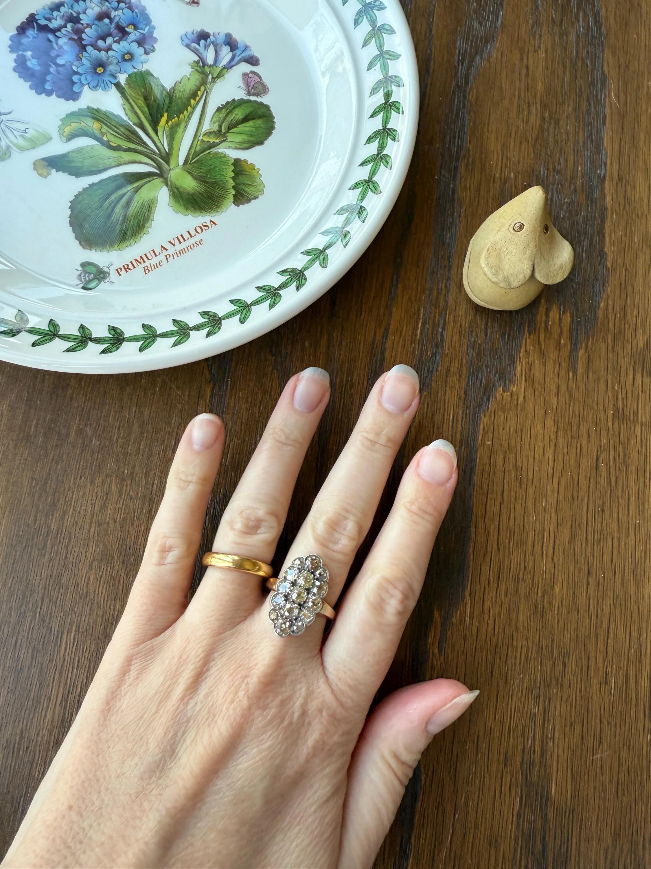 Antique 3 Carats Old Mine Cut DIAMOND Scalloped Oval Navette Ring Champagne Fancy Light Brown Green Yellow Cluster 18k Gold Silver OMC - Image 15