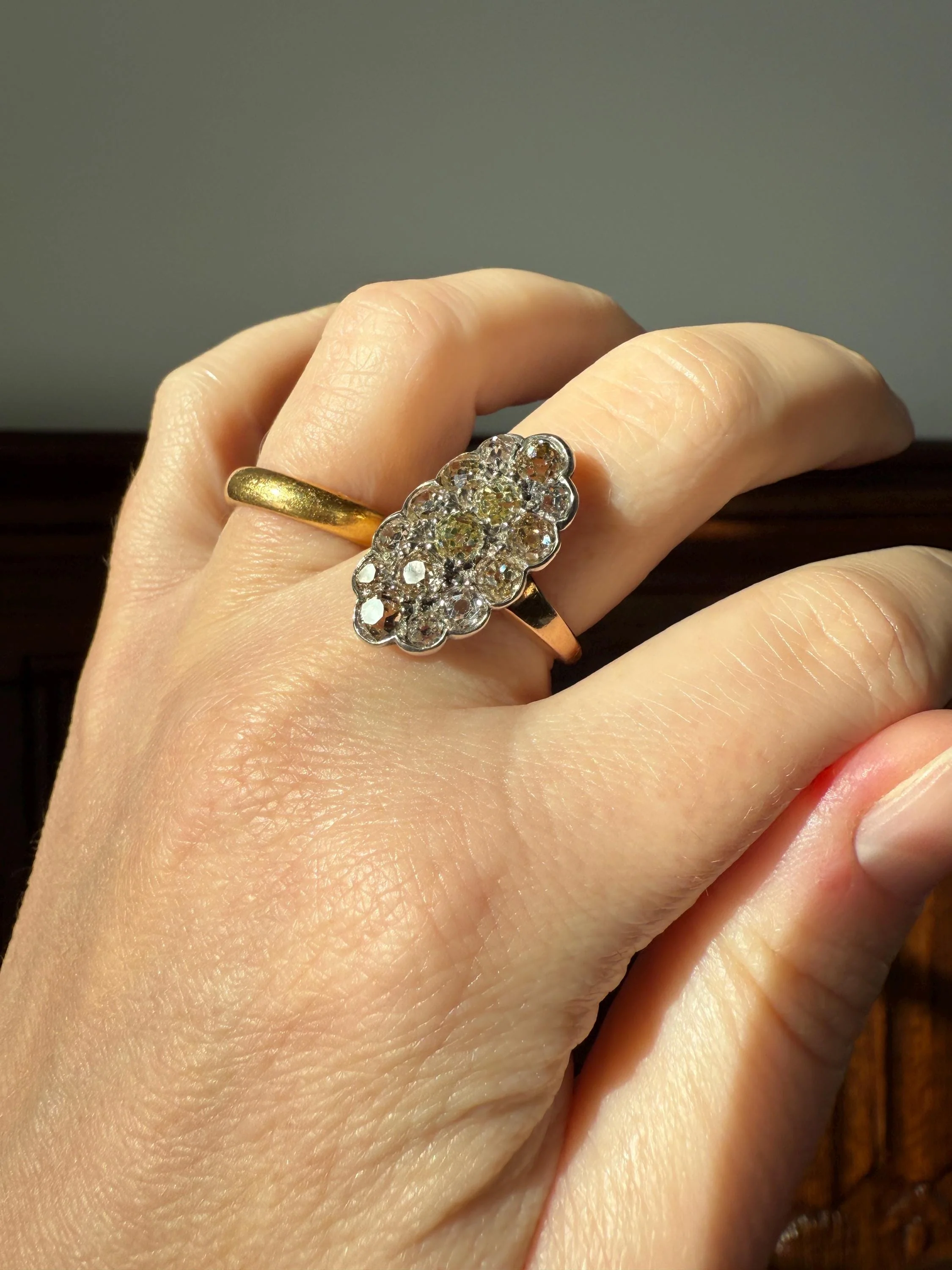 Antique 3 Carats Old Mine Cut DIAMOND Scalloped Oval Navette Ring Champagne Fancy Light Brown Green Yellow Cluster 18k Gold Silver OMC - Image 16
