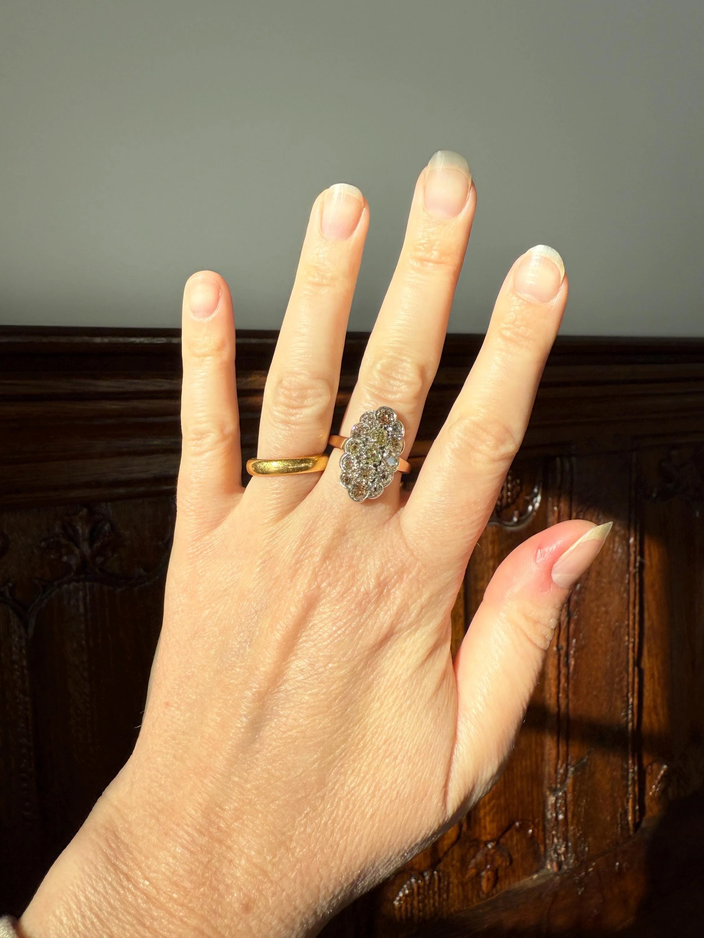 Antique 3 Carats Old Mine Cut DIAMOND Scalloped Oval Navette Ring Champagne Fancy Light Brown Green Yellow Cluster 18k Gold Silver OMC - Image 17
