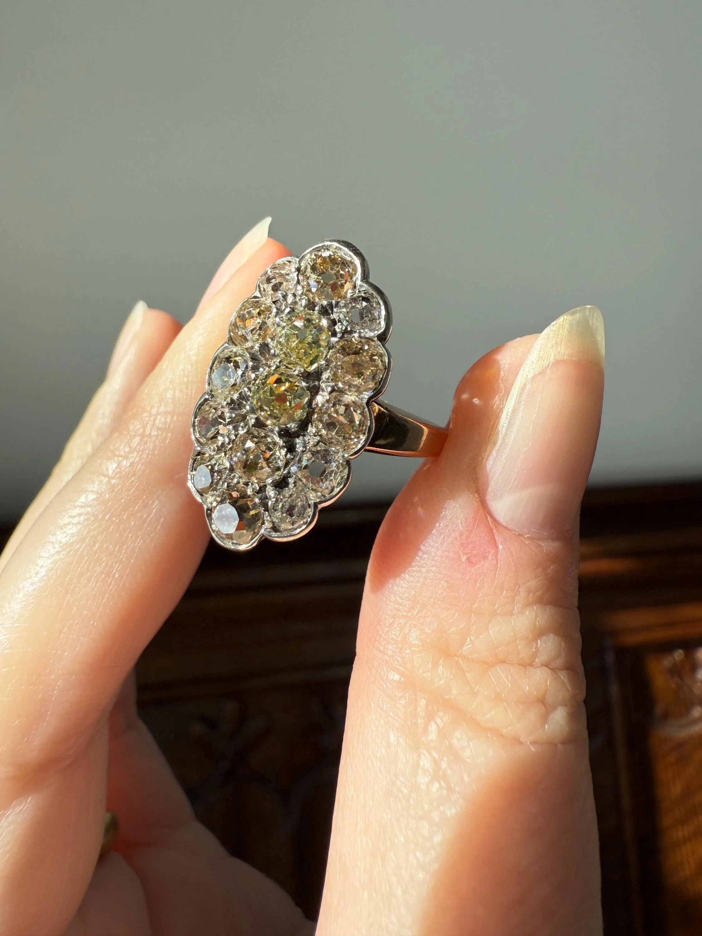 Antique 3 Carats Old Mine Cut DIAMOND Scalloped Oval Navette Ring Champagne Fancy Light Brown Green Yellow Cluster 18k Gold Silver OMC - Image 18