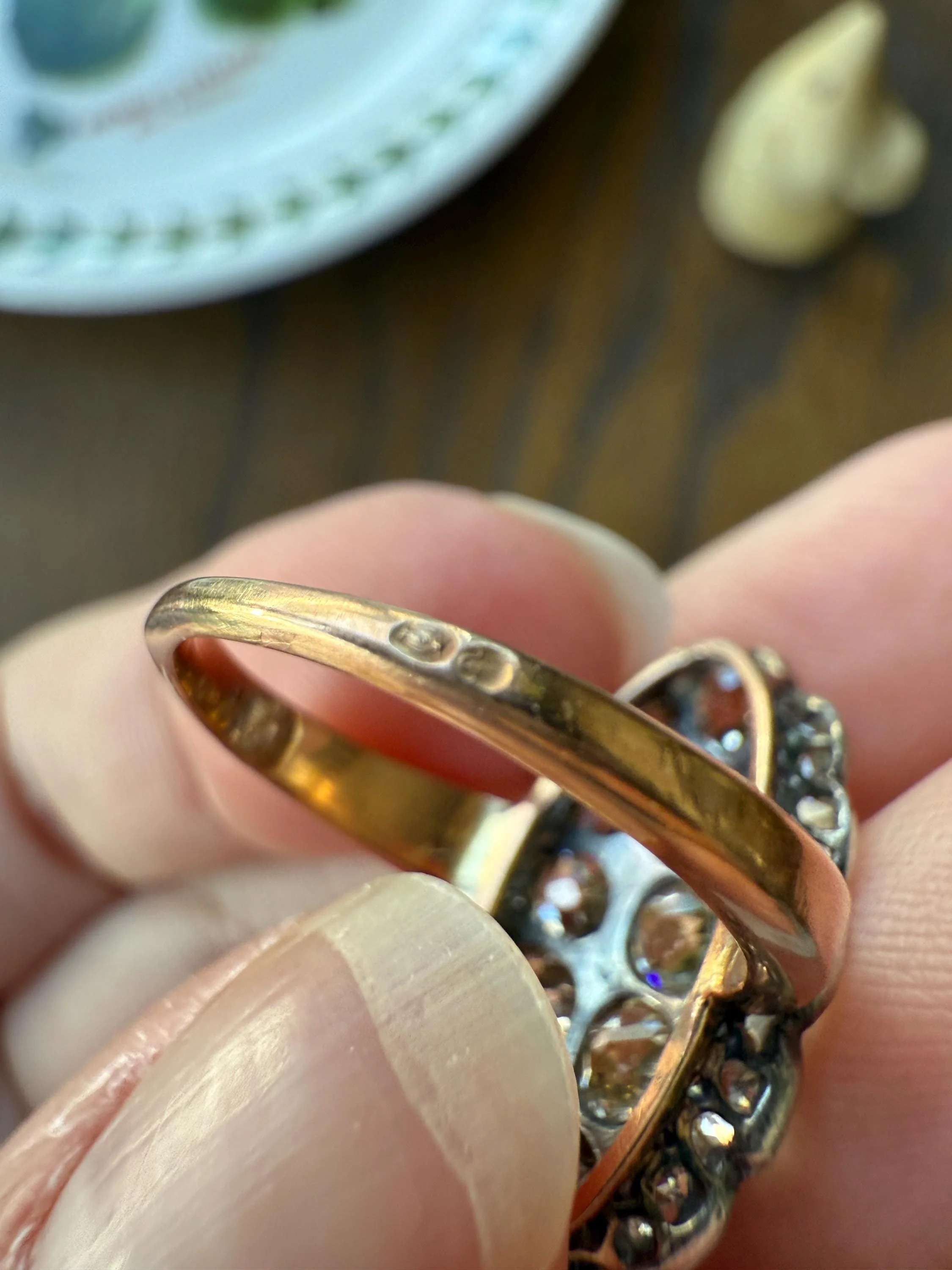 Antique 3 Carats Old Mine Cut DIAMOND Scalloped Oval Navette Ring Champagne Fancy Light Brown Green Yellow Cluster 18k Gold Silver OMC - Image 19