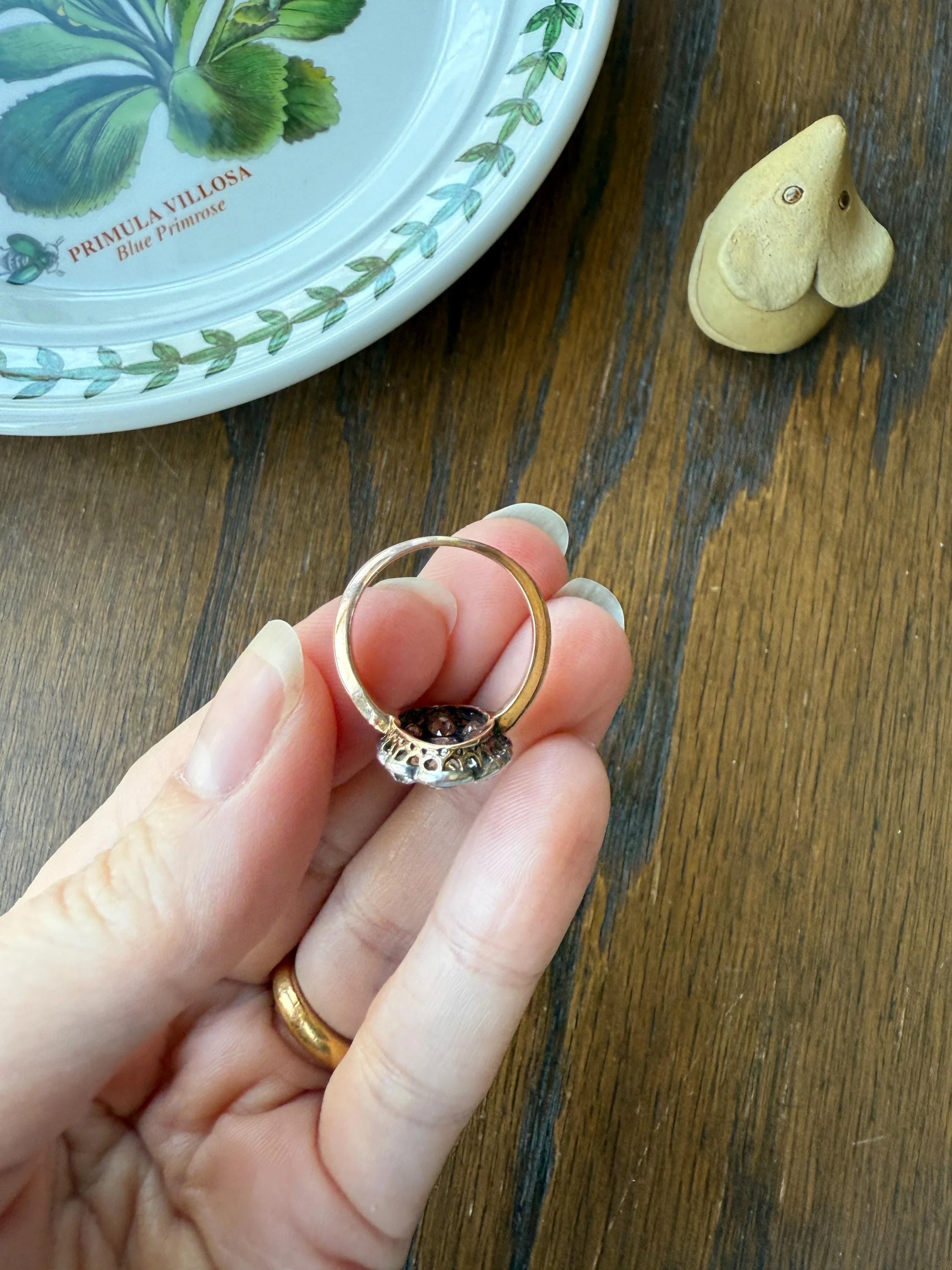 Antique 3 Carats Old Mine Cut DIAMOND Scalloped Oval Navette Ring Champagne Fancy Light Brown Green Yellow Cluster 18k Gold Silver OMC - Image 20