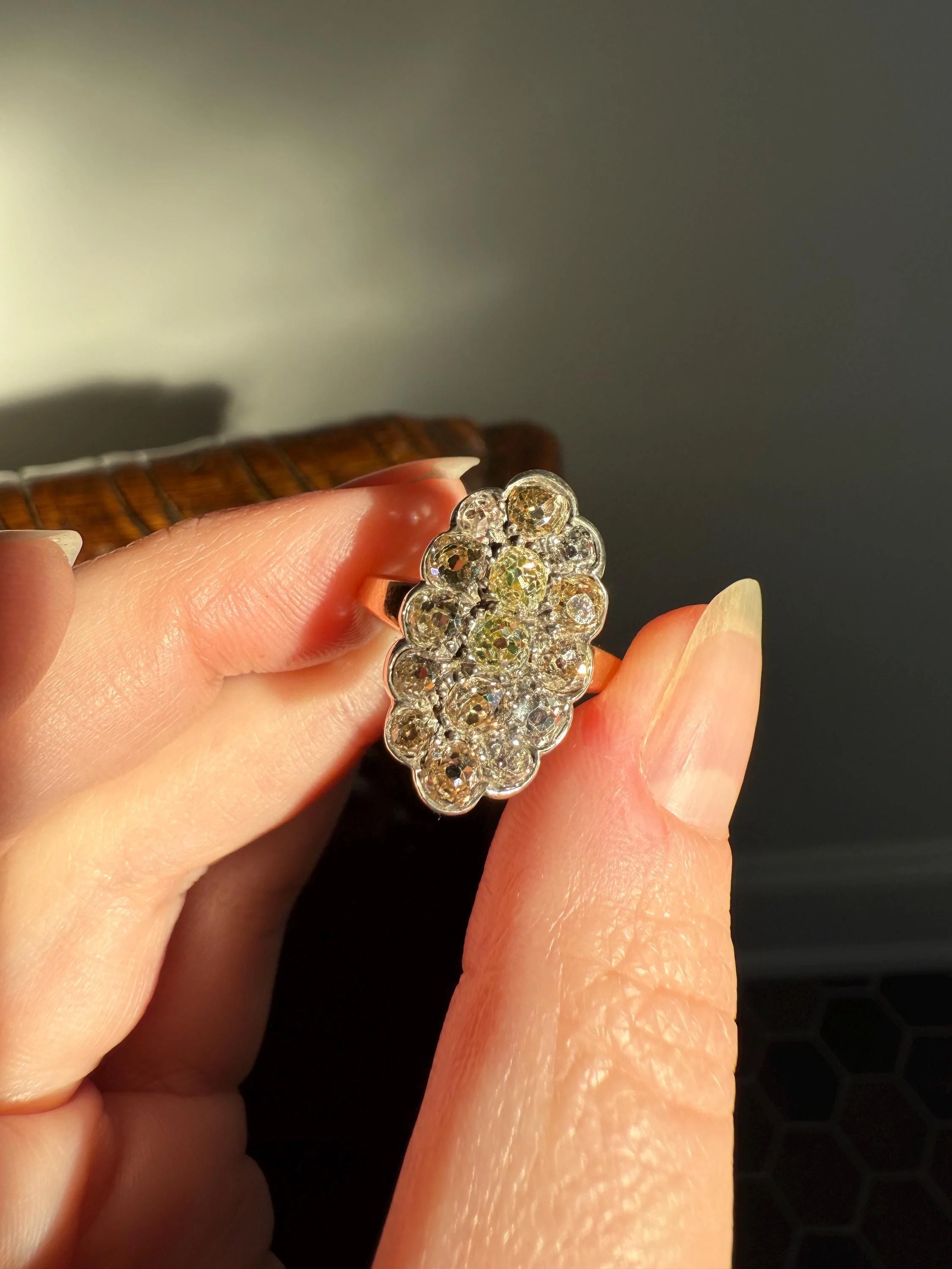 Antique 3 Carats Old Mine Cut DIAMOND Scalloped Oval Navette Ring Champagne Fancy Light Brown Green Yellow Cluster 18k Gold Silver OMC - Image 21