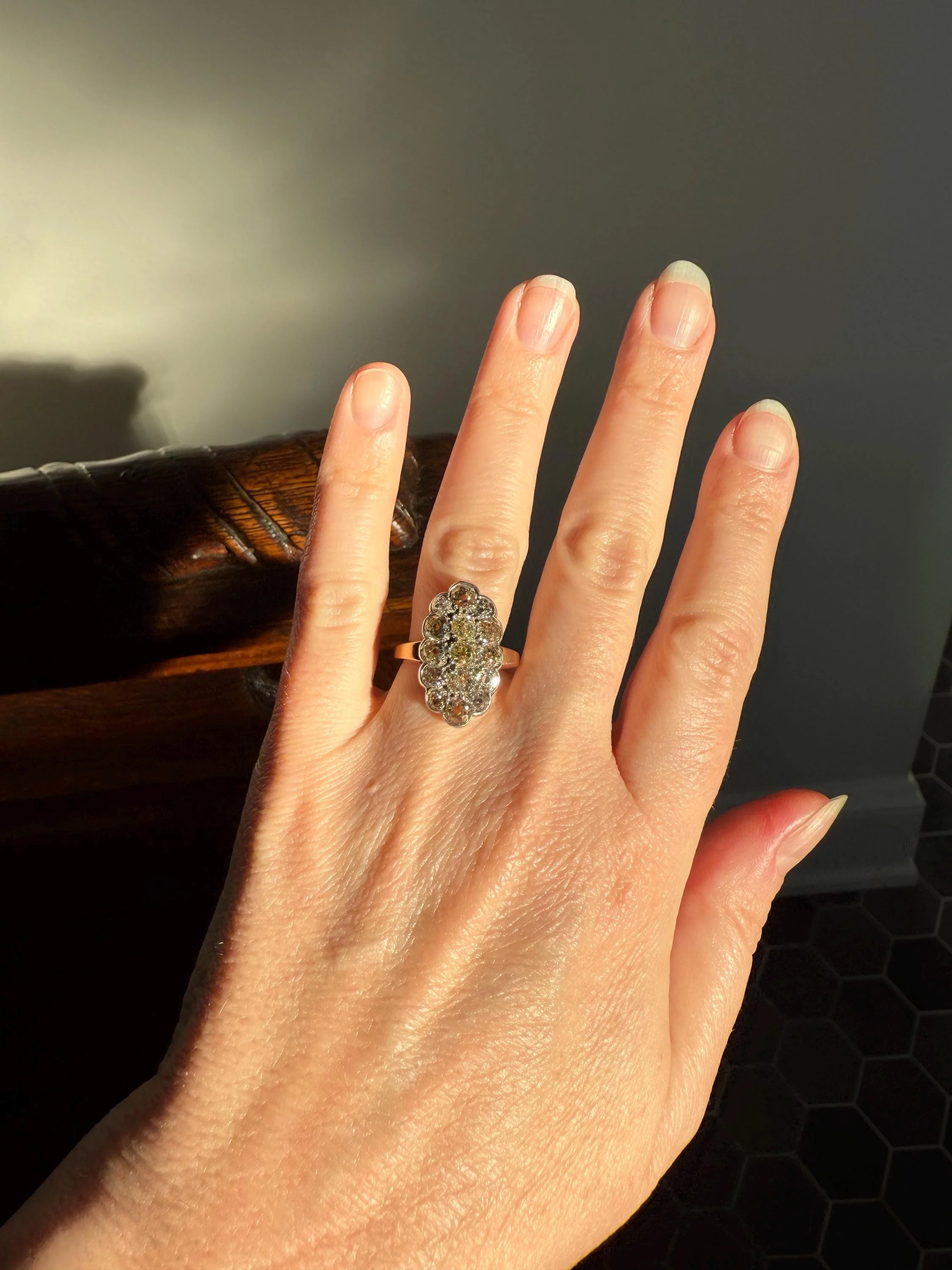 Antique 3 Carats Old Mine Cut DIAMOND Scalloped Oval Navette Ring Champagne Fancy Light Brown Green Yellow Cluster 18k Gold Silver OMC - Image 3