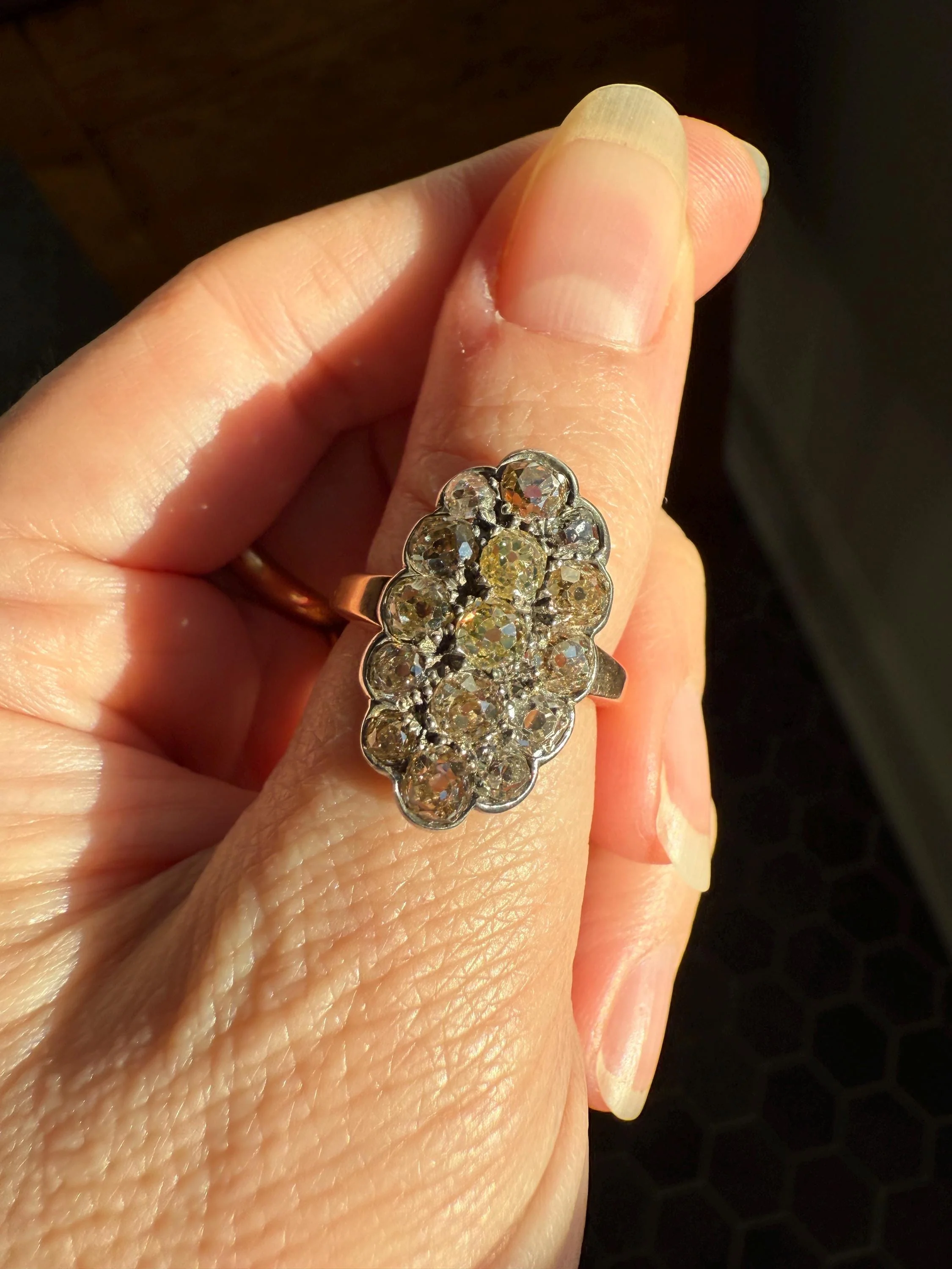 Antique 3 Carats Old Mine Cut DIAMOND Scalloped Oval Navette Ring Champagne Fancy Light Brown Green Yellow Cluster 18k Gold Silver OMC - Image 6