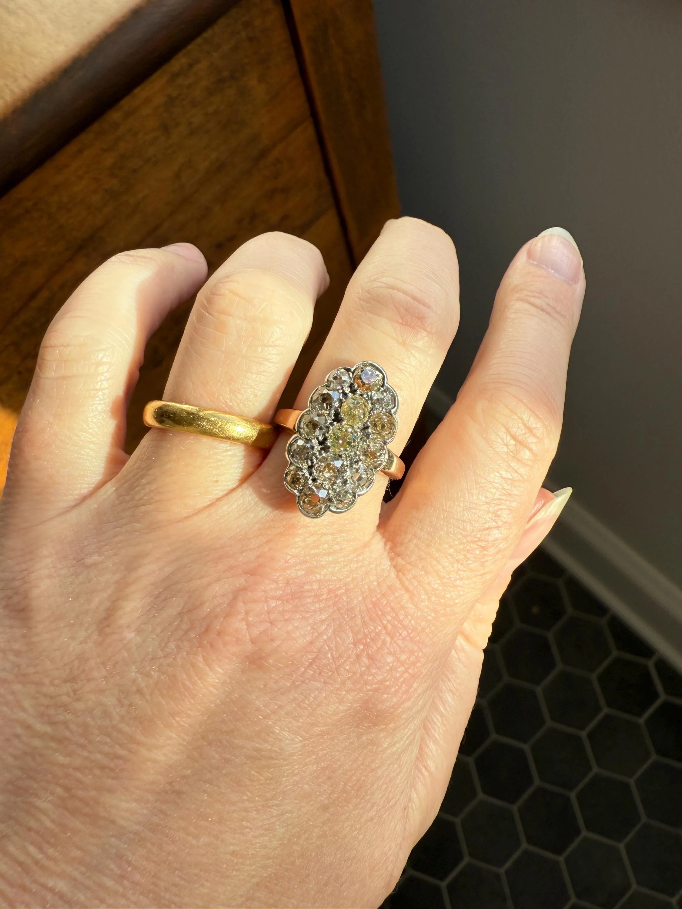 Antique 3 Carats Old Mine Cut DIAMOND Scalloped Oval Navette Ring Champagne Fancy Light Brown Green Yellow Cluster 18k Gold Silver OMC - Image 7