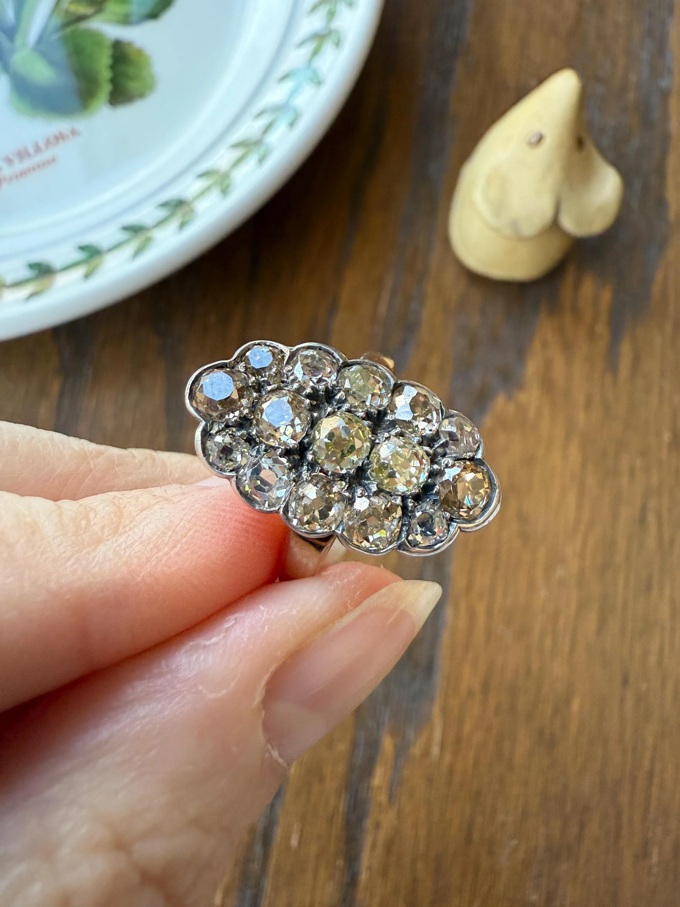 Antique 3 Carats Old Mine Cut DIAMOND Scalloped Oval Navette Ring Champagne Fancy Light Brown Green Yellow Cluster 18k Gold Silver OMC - Image 9
